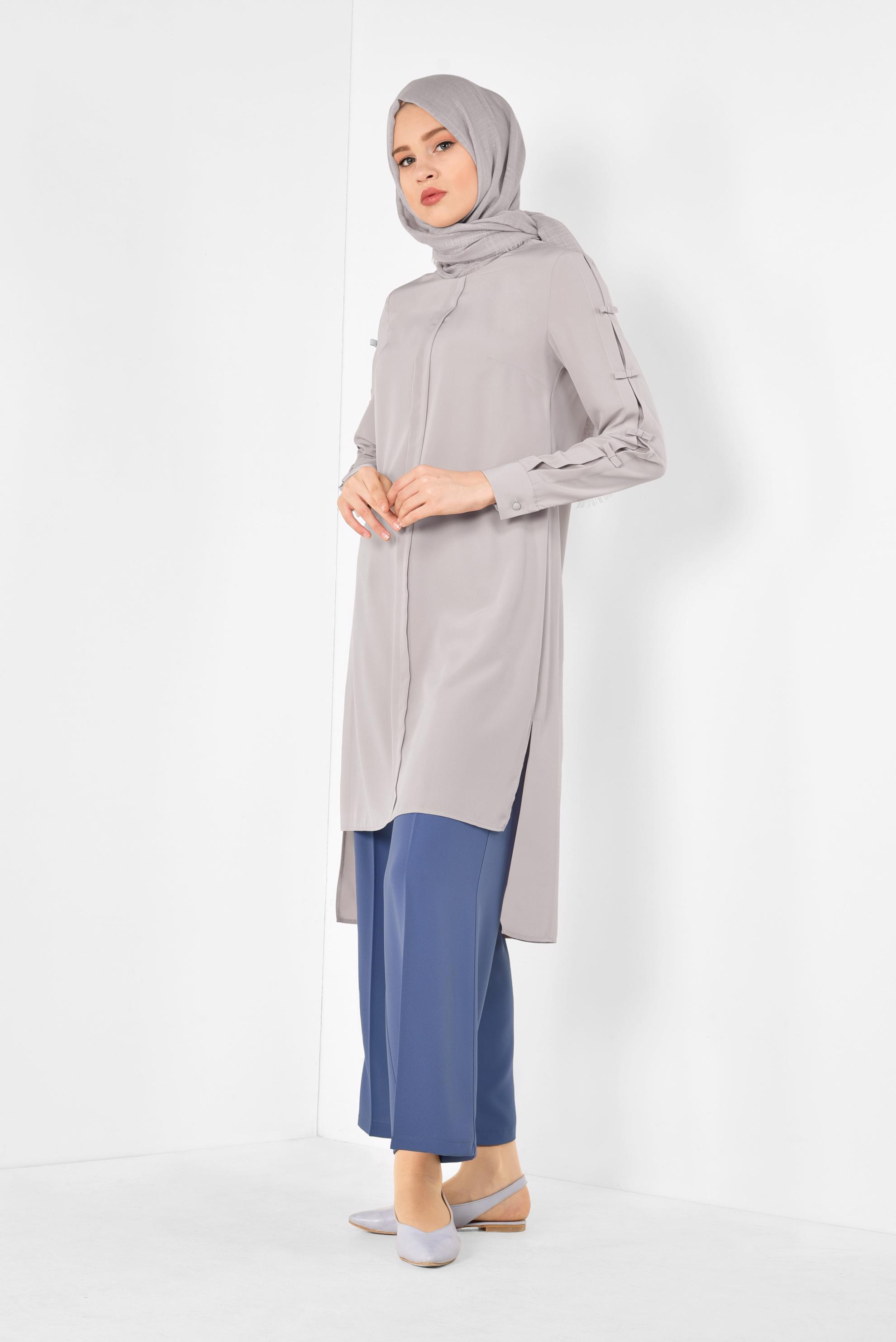 Tesettür giyim BEJ ASİMETRİK KESİM UZUN TUNİK 4861