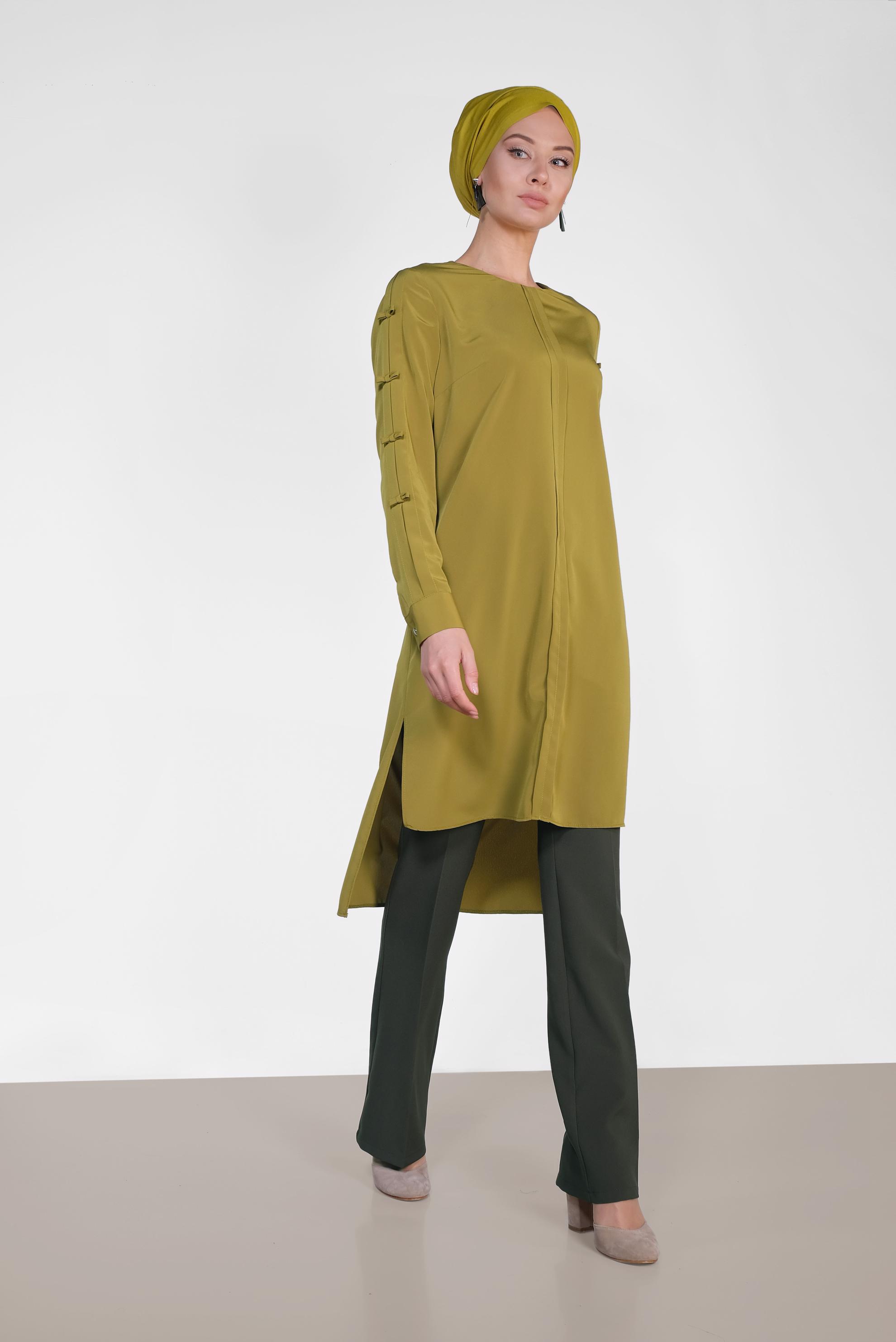 Tesettür giyim YEŞİL ASİMETRİK KESİM UZUN TUNİK 4861