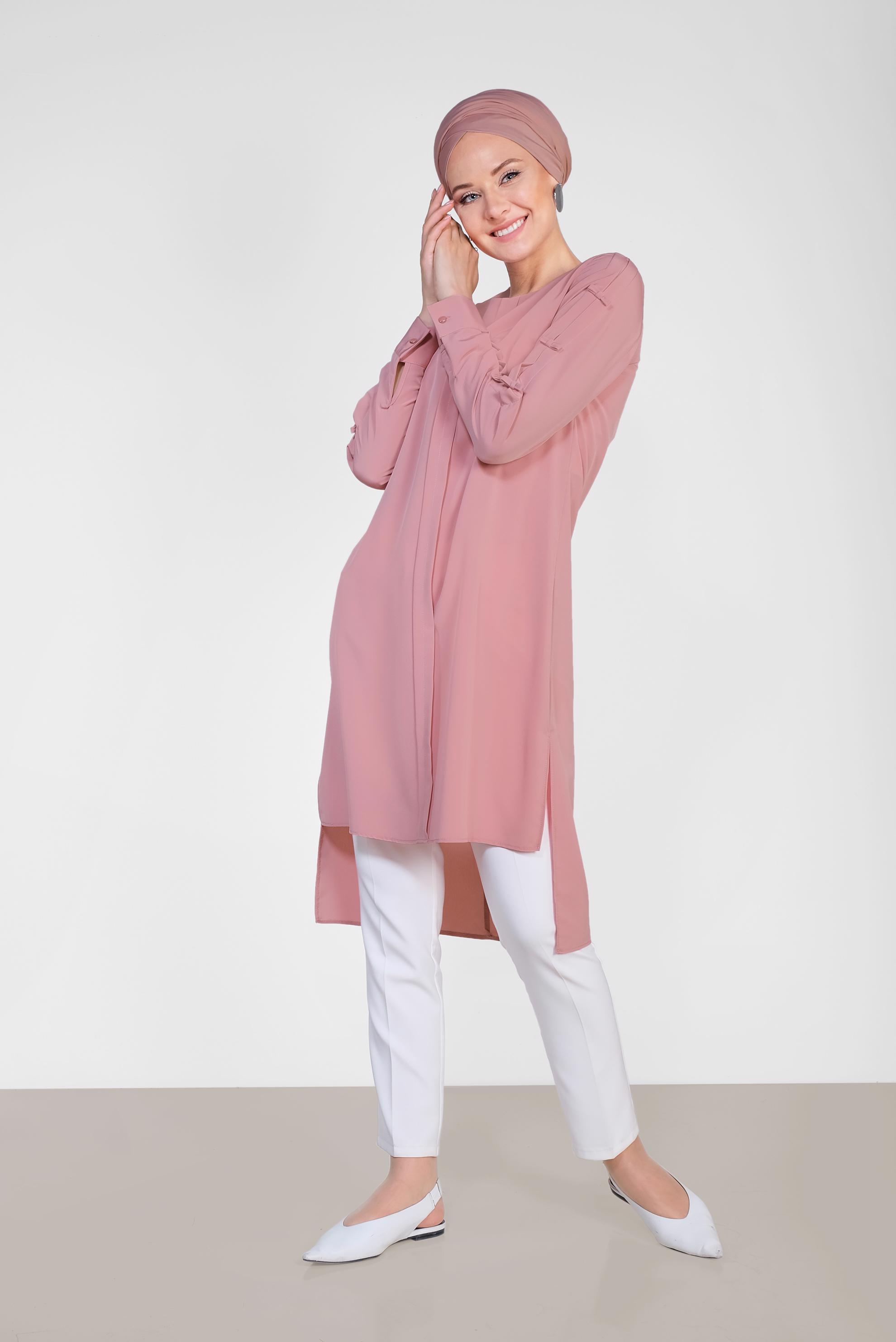 Tesettür giyim PEMBE ASİMETRİK KESİM UZUN TUNİK 4861