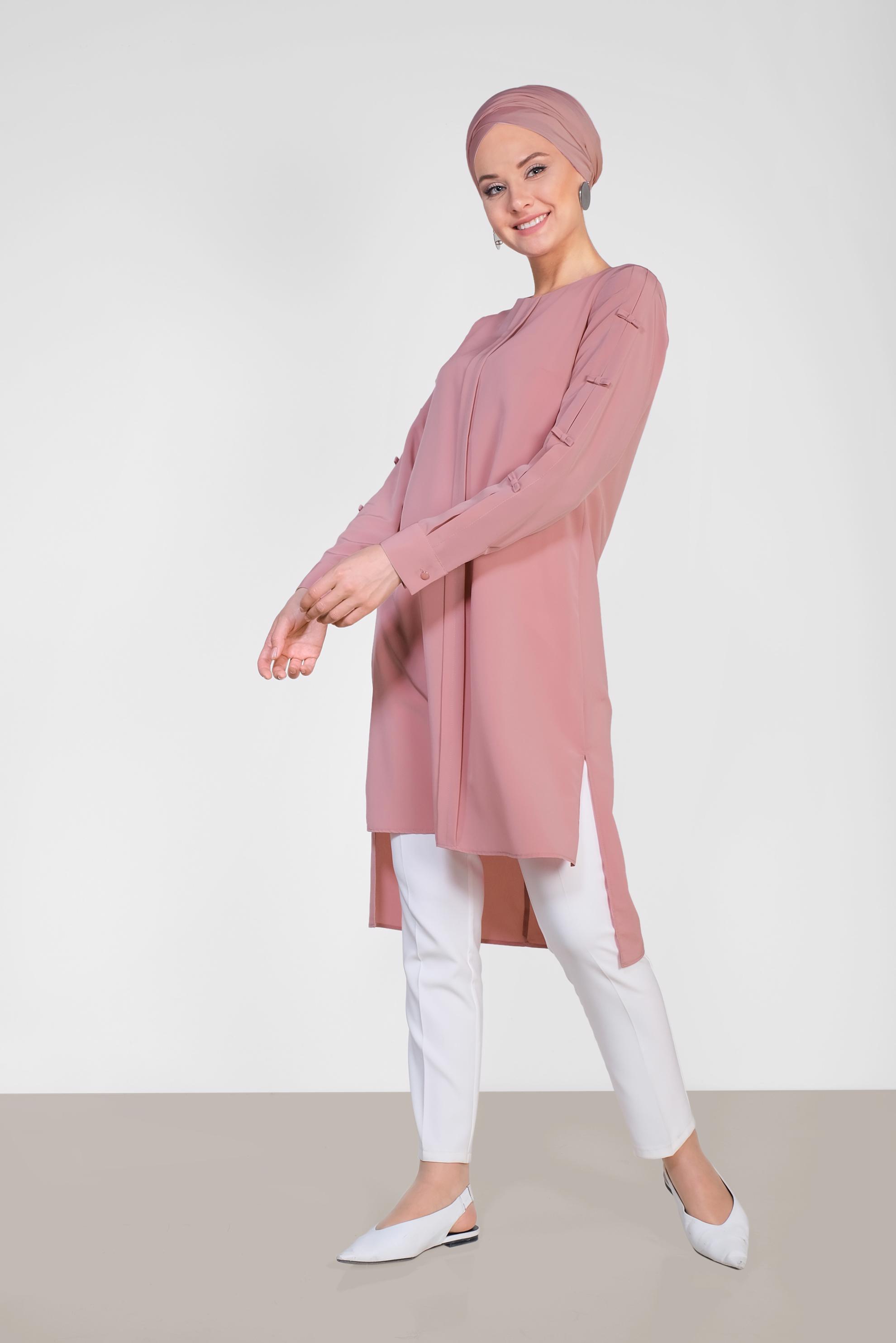 Tesettür giyim PEMBE ASİMETRİK KESİM UZUN TUNİK 4861