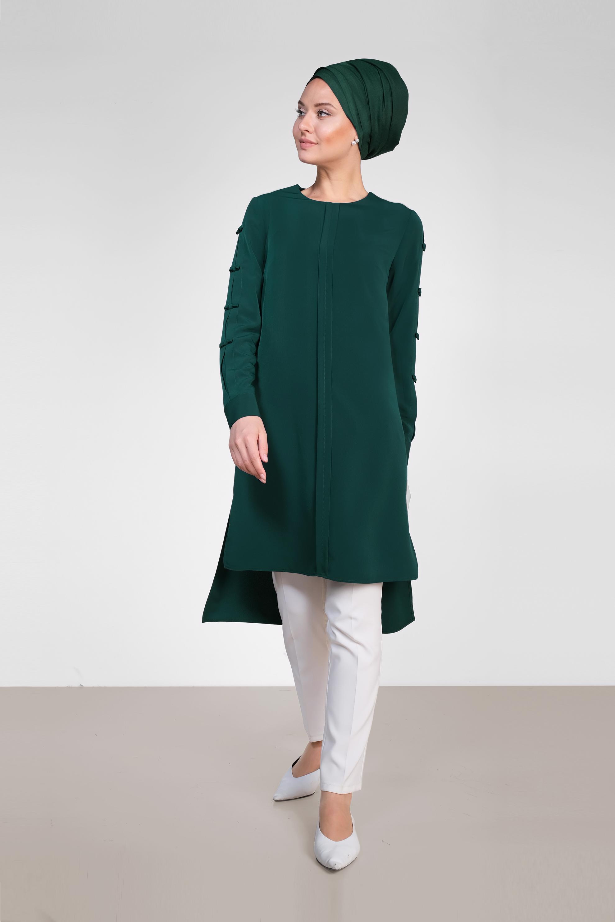 Tesettür giyim YEŞİL ASİMETRİK KESİM UZUN TUNİK 4861