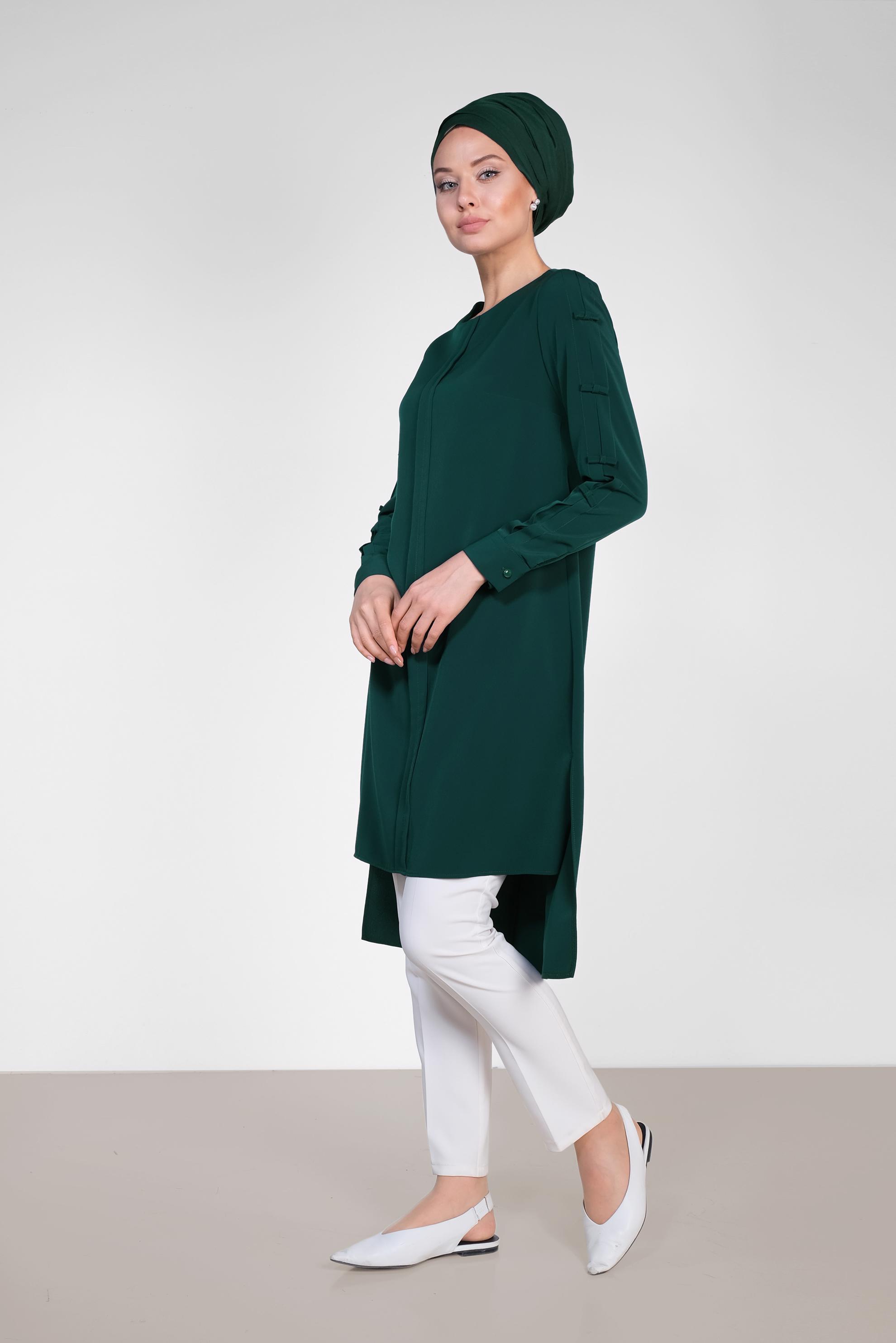 Tesettür giyim YEŞİL ASİMETRİK KESİM UZUN TUNİK 4861