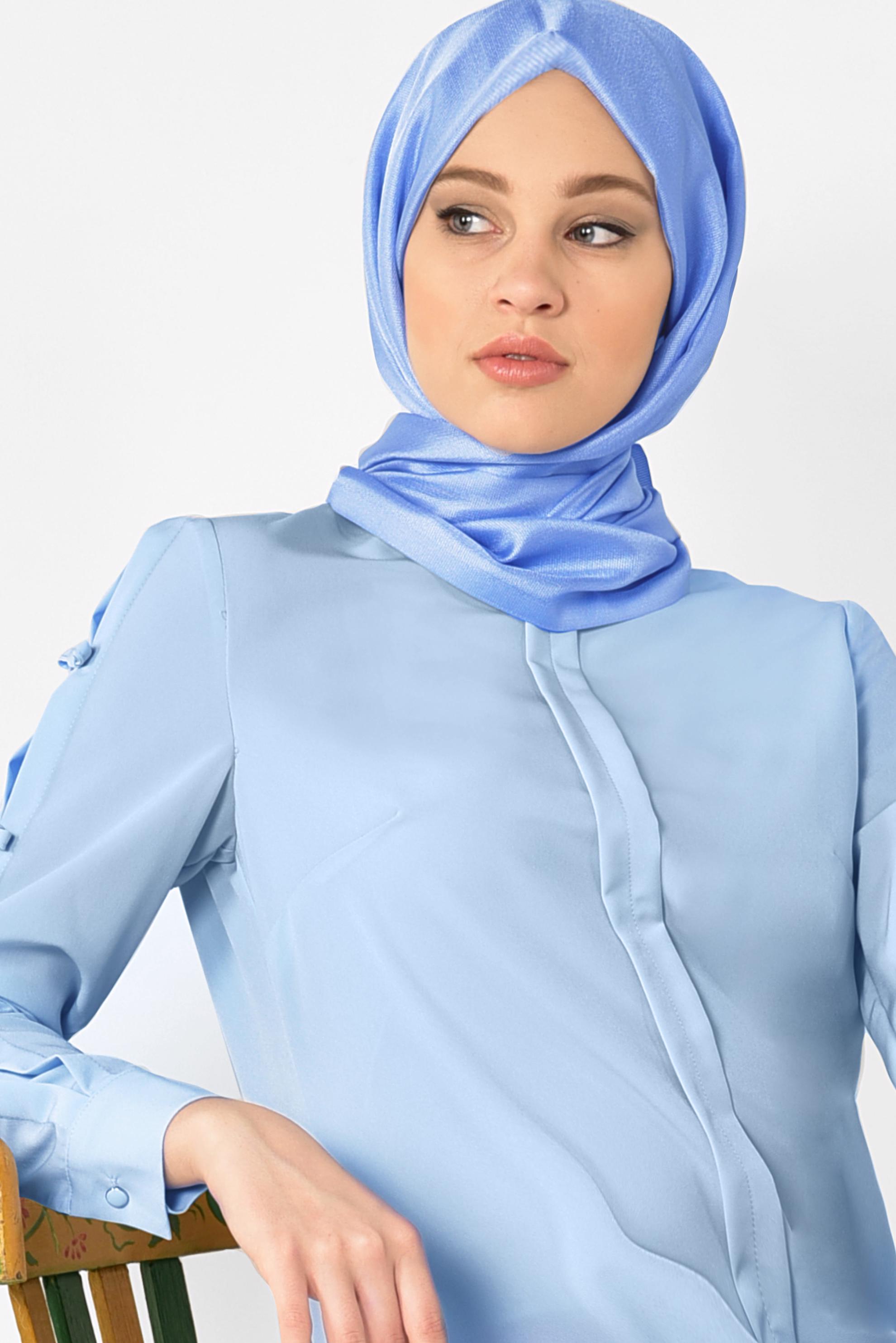 Tesettür giyim MAVİ ASİMETRİK KESİM UZUN TUNİK 4861