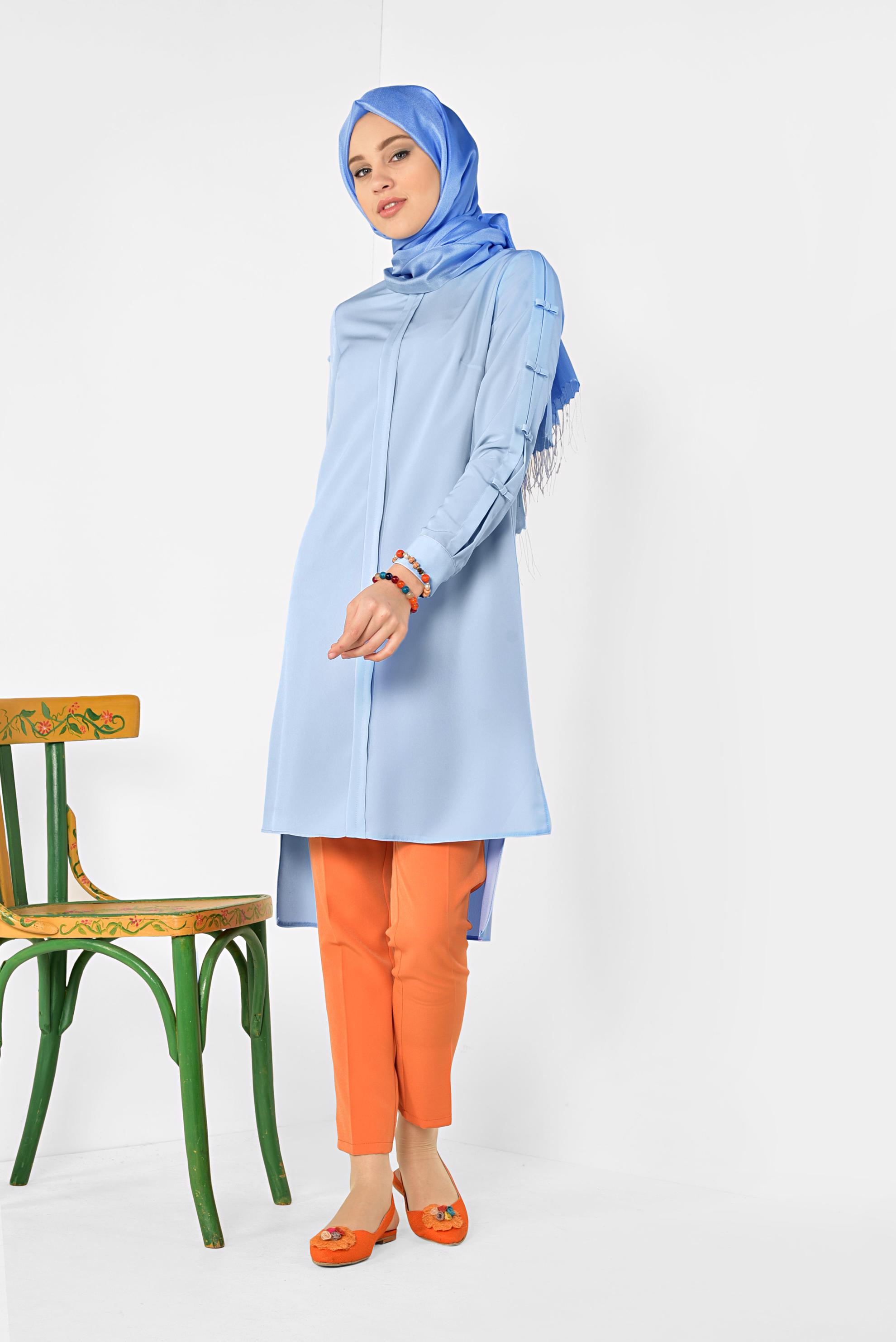 Tesettür giyim MAVİ ASİMETRİK KESİM UZUN TUNİK 4861