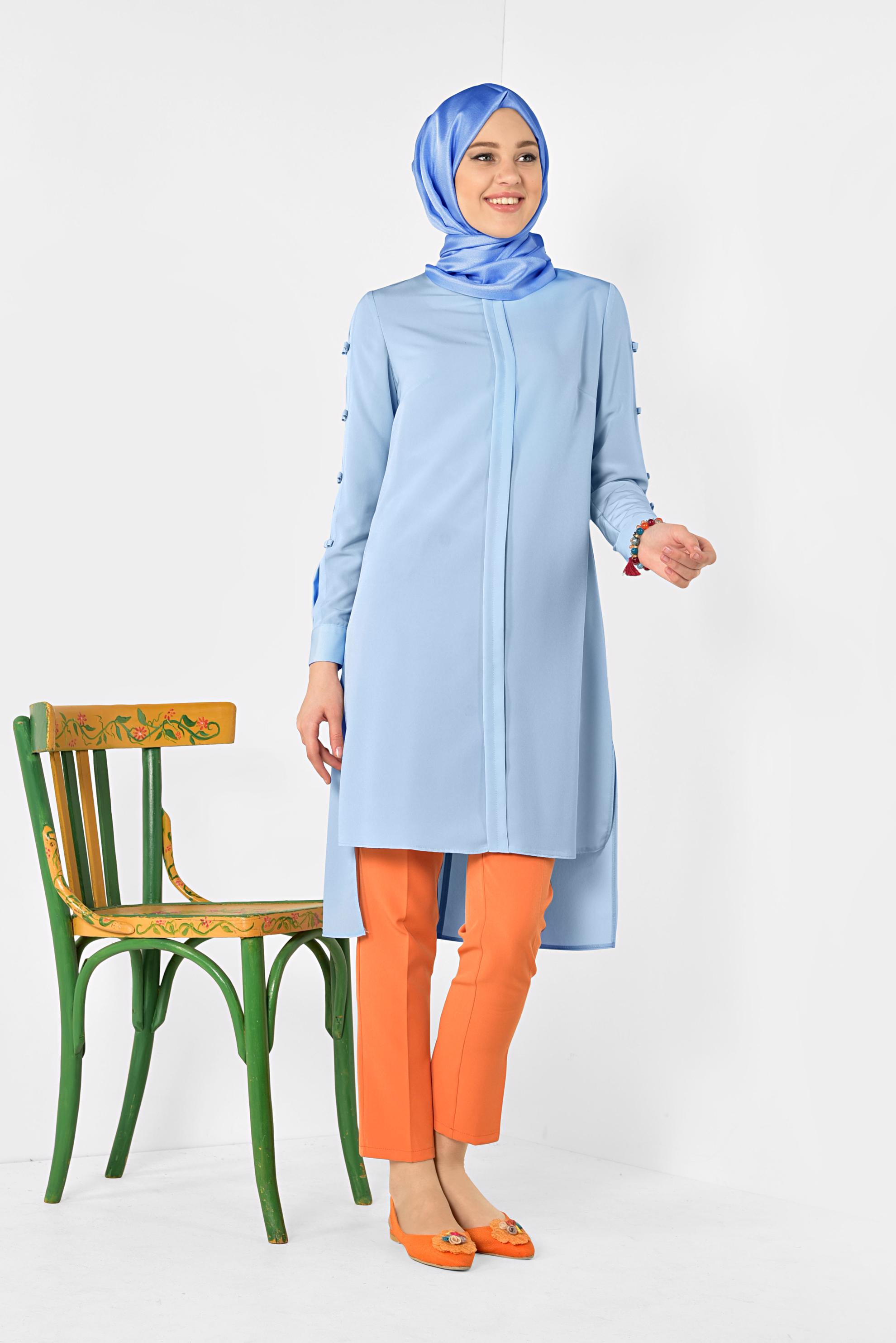 Tesettür giyim MAVİ ASİMETRİK KESİM UZUN TUNİK 4861