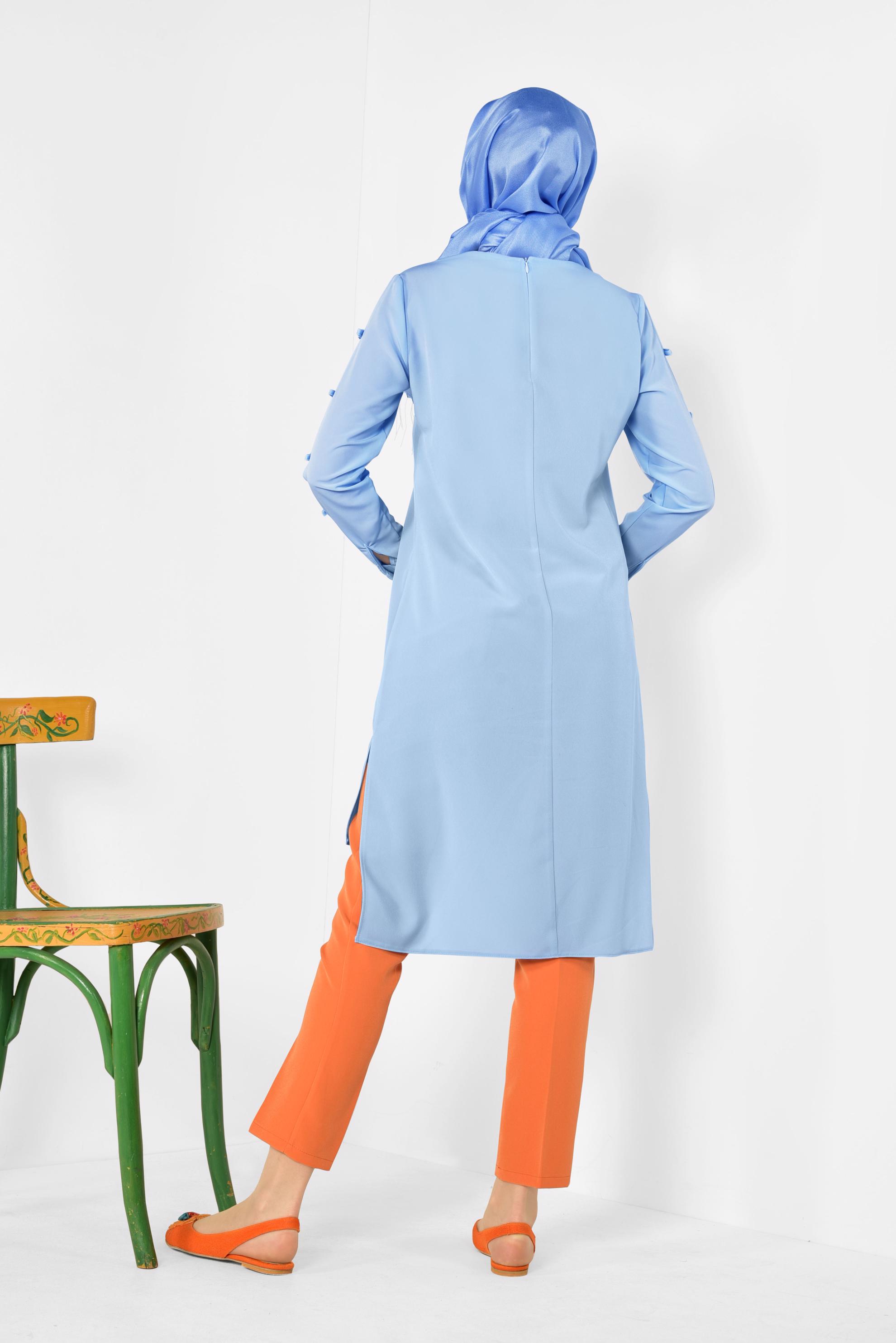 Tesettür giyim MAVİ ASİMETRİK KESİM UZUN TUNİK 4861