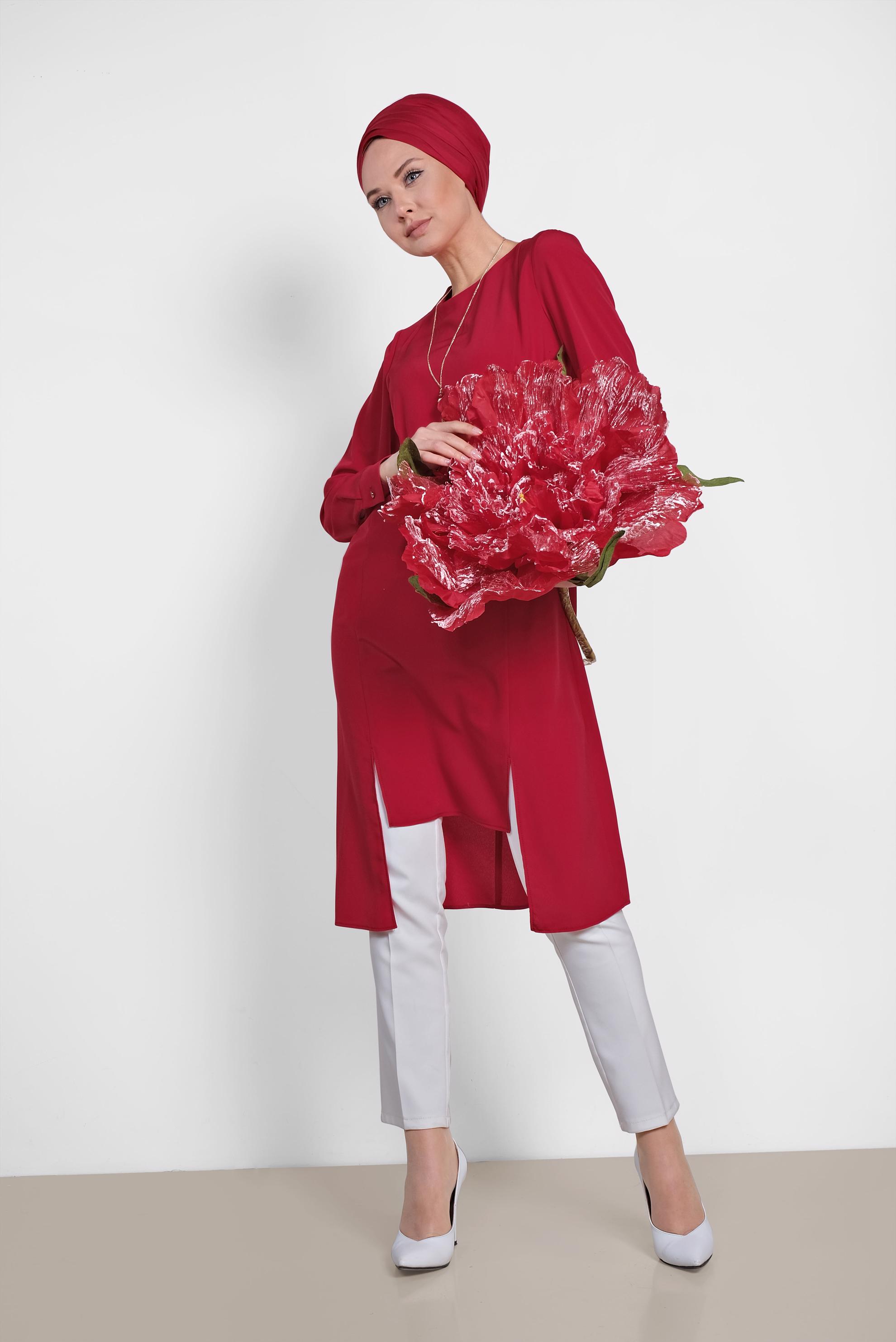 Tesettür giyim BORDO ASİMETRİK KESİM TUNİK 4862