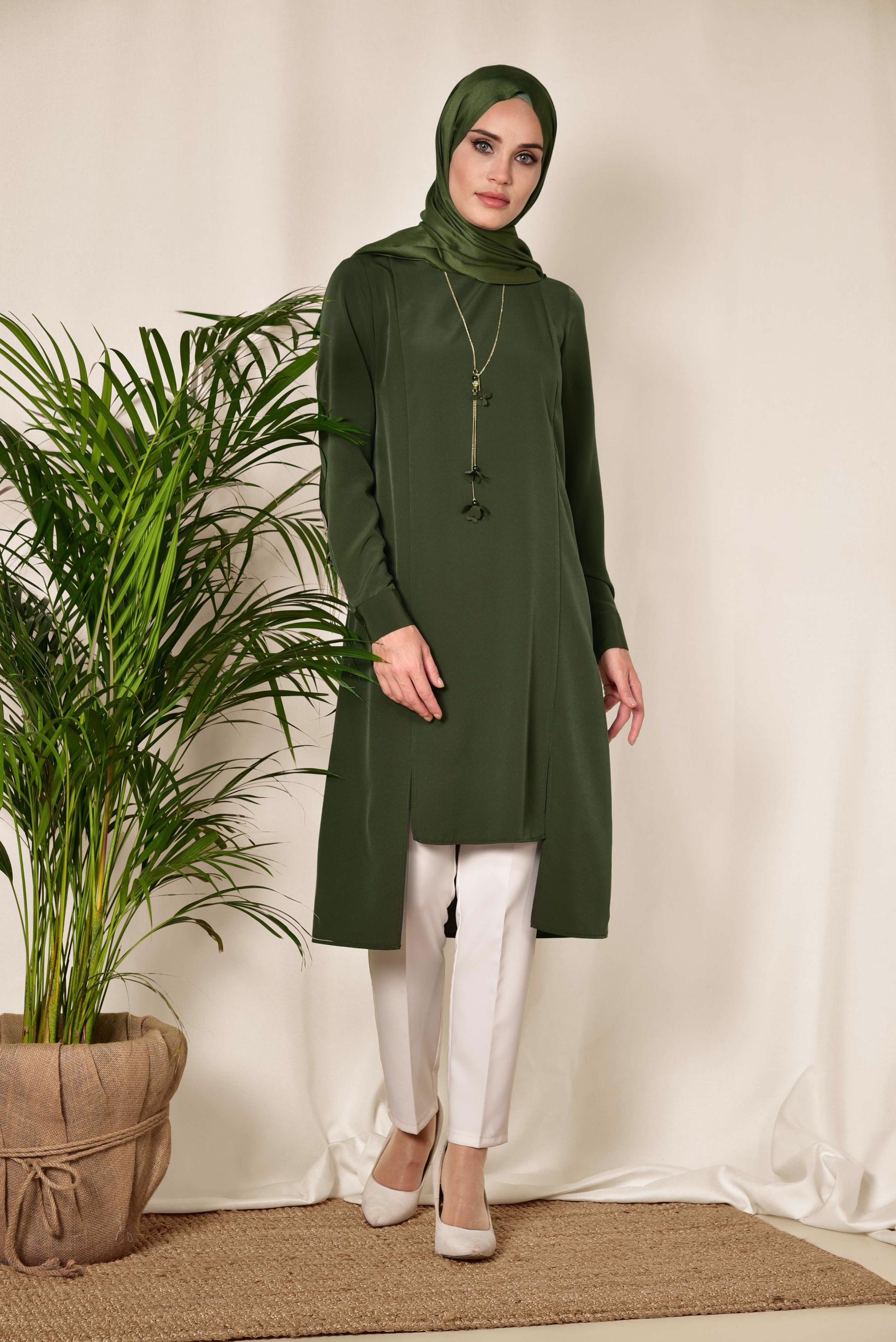 Tesettür giyim HAKİ ASİMETRİK KESİM TUNİK 4862