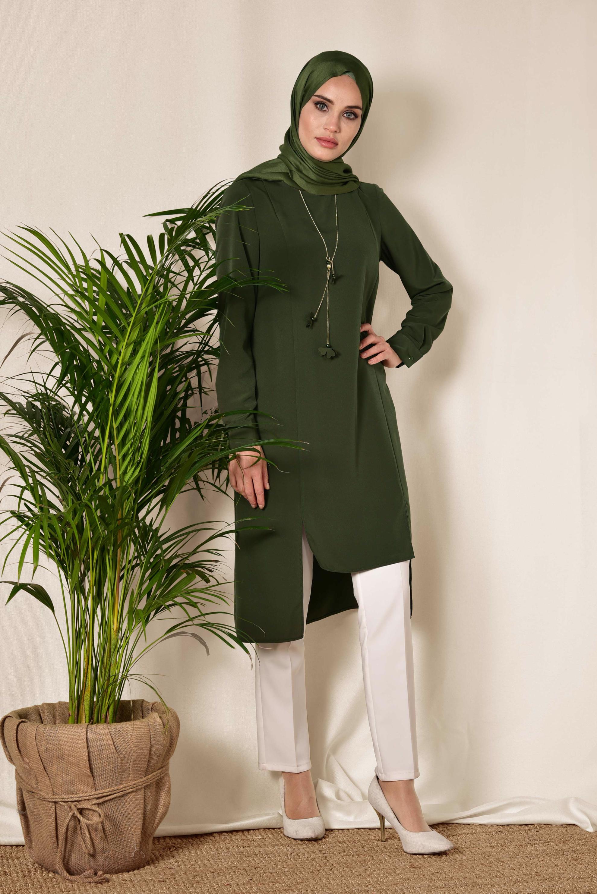 Tesettür giyim HAKİ ASİMETRİK KESİM TUNİK 4862