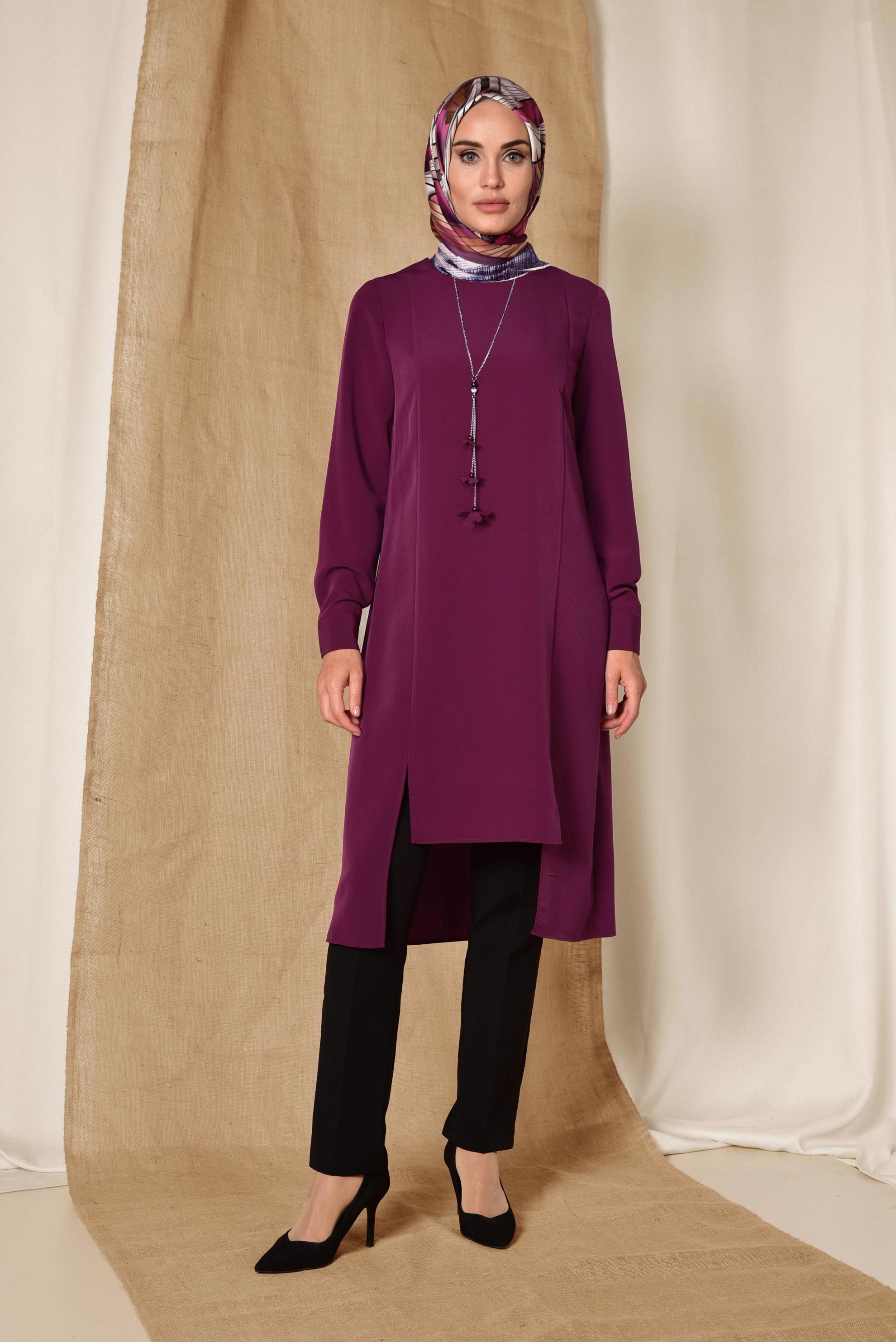 Tesettür giyim MOR ASİMETRİK KESİM TUNİK 4862