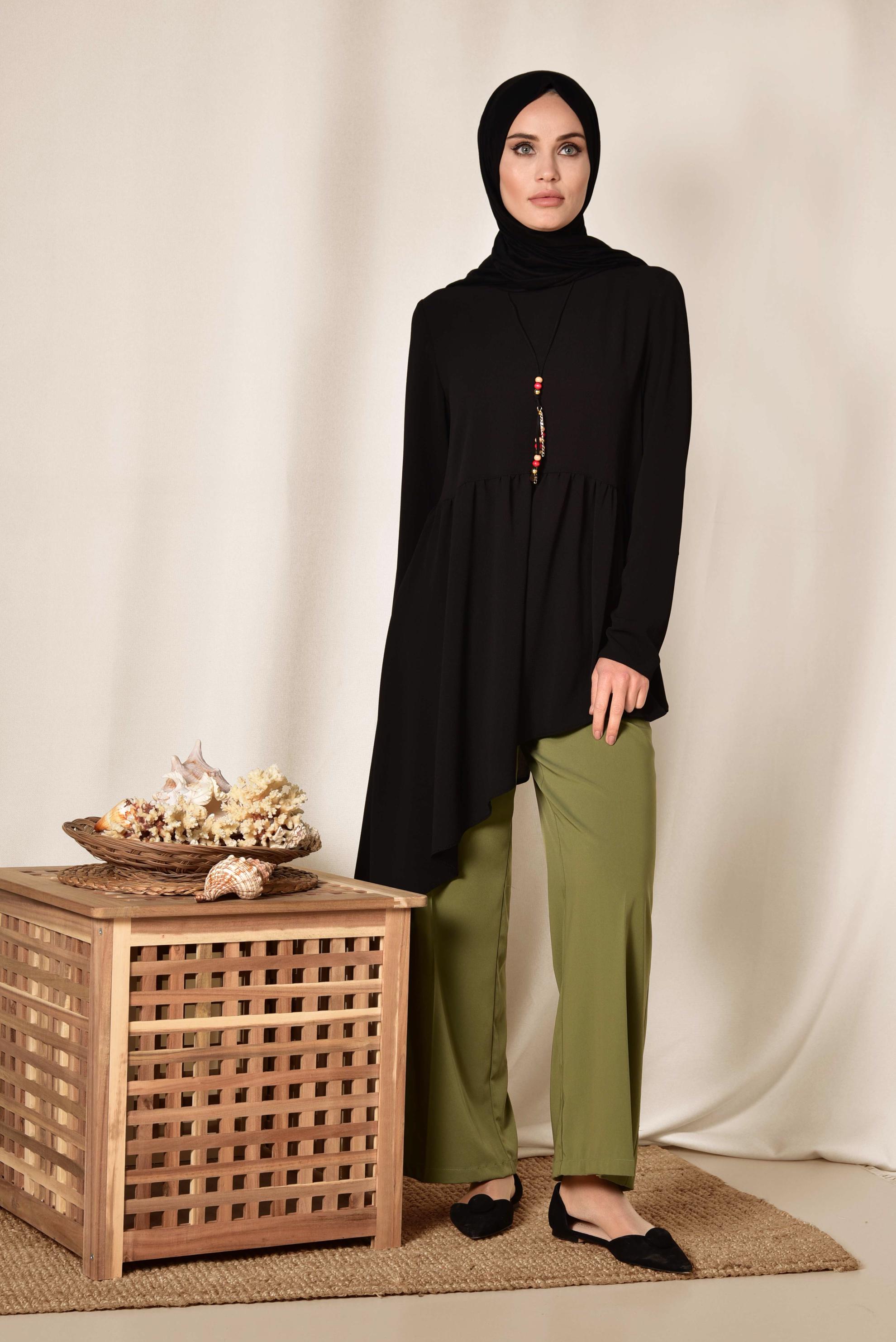 Tesettür giyim SİYAH ASİMETRİK KESİM VOLANLI TUNİK 4864