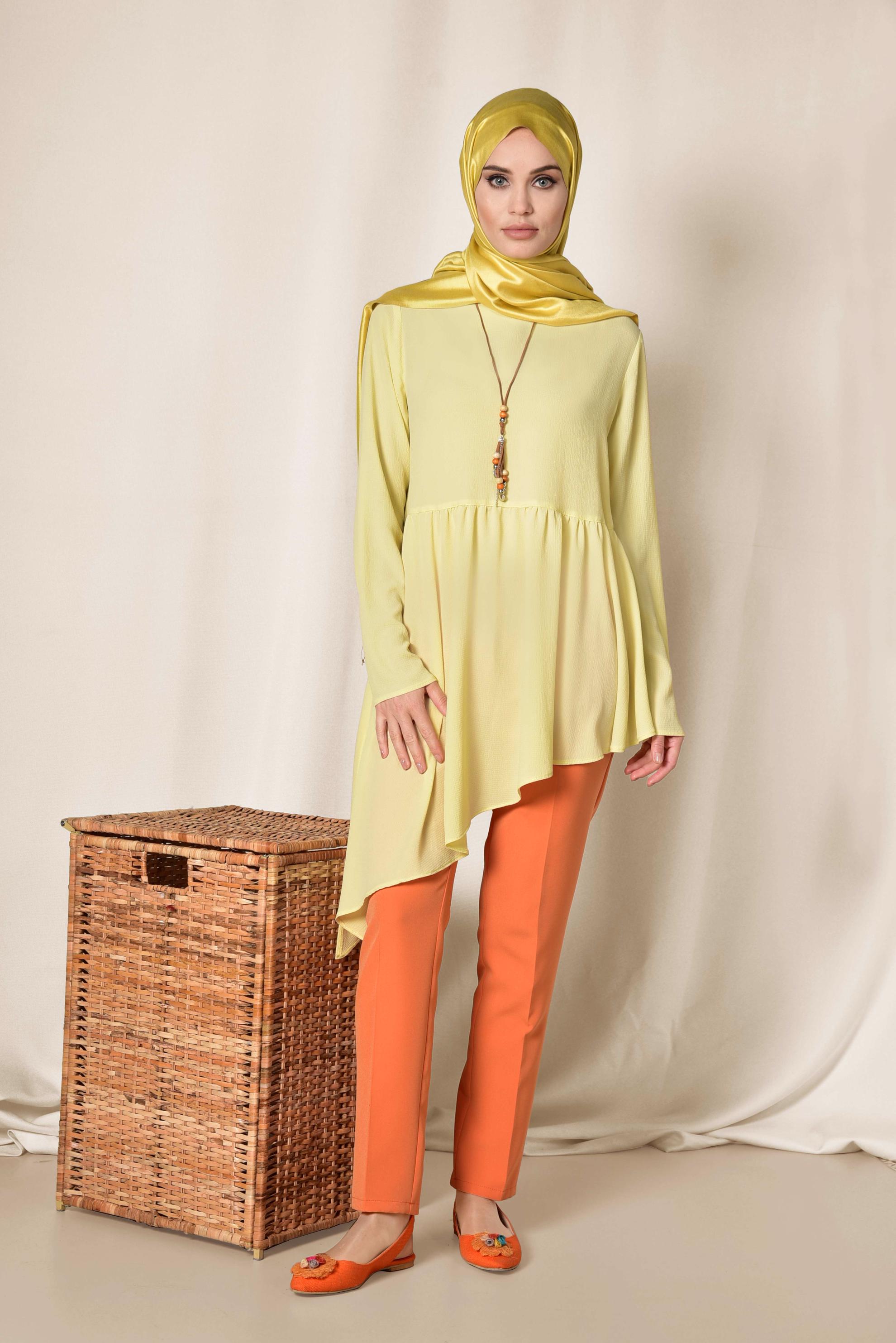 Tesettür giyim SARI ASİMETRİK KESİM VOLANLI TUNİK 4864