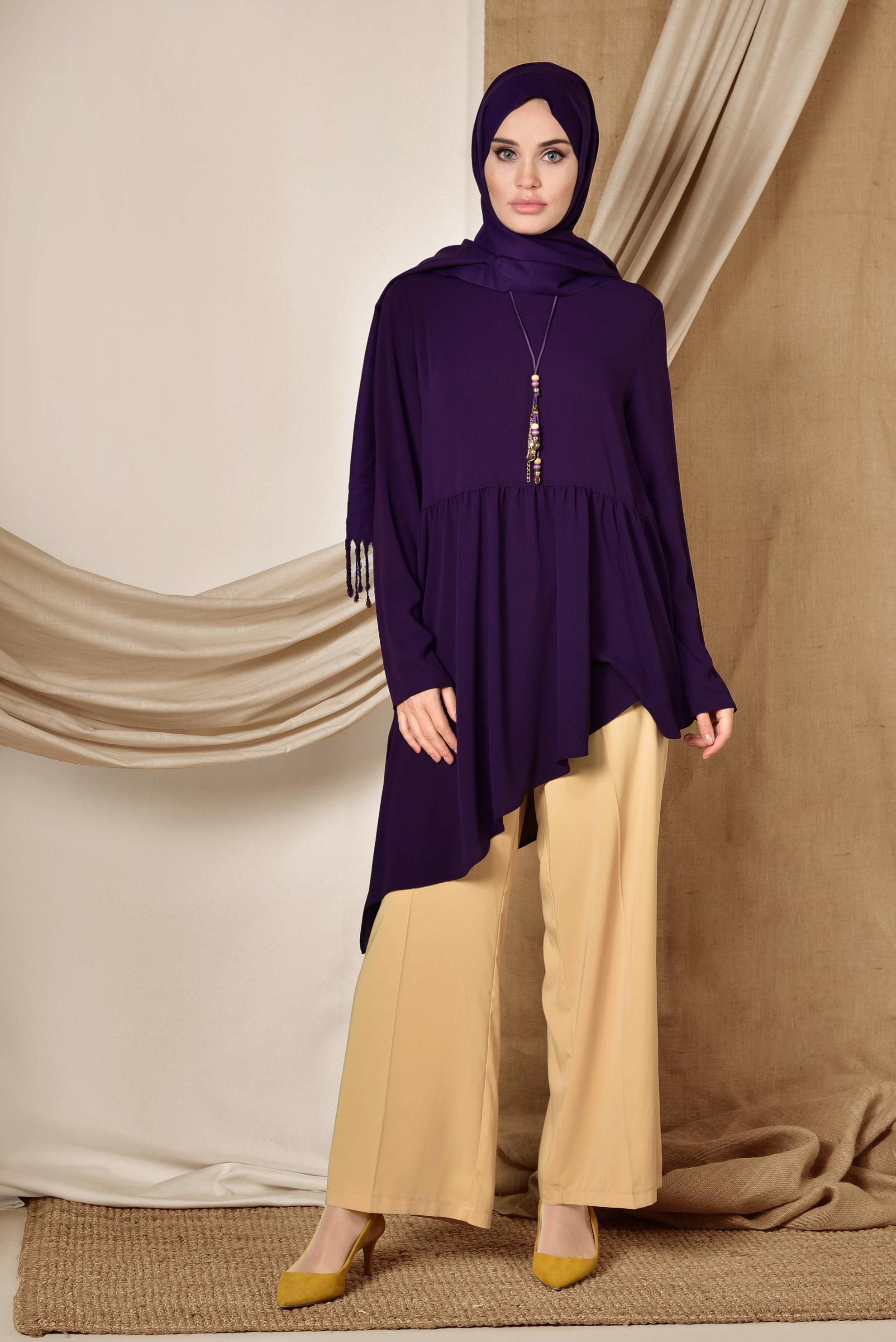 Tesettür giyim MOR ASİMETRİK KESİM VOLANLI TUNİK 4864