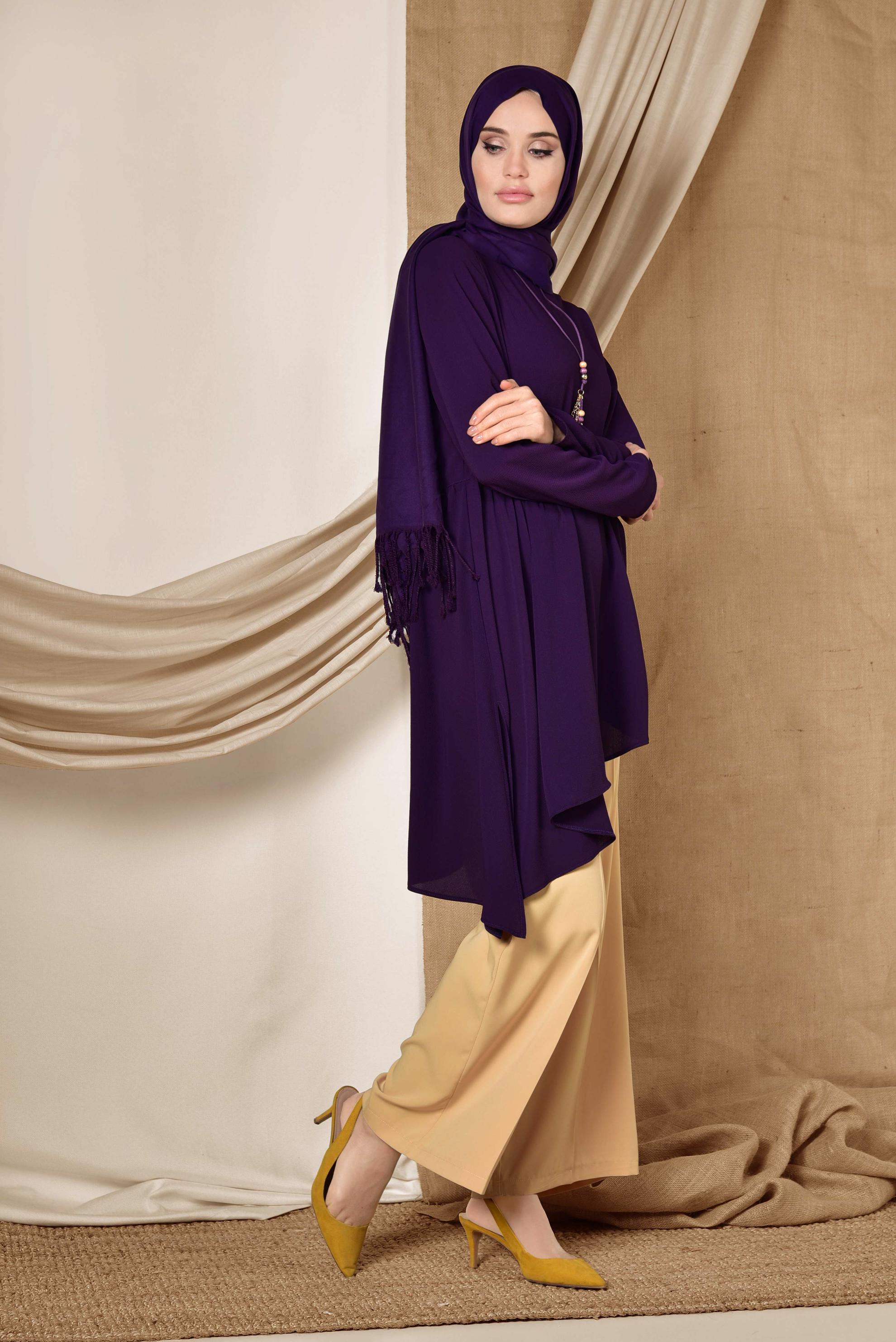 Tesettür giyim MOR ASİMETRİK KESİM VOLANLI TUNİK 4864