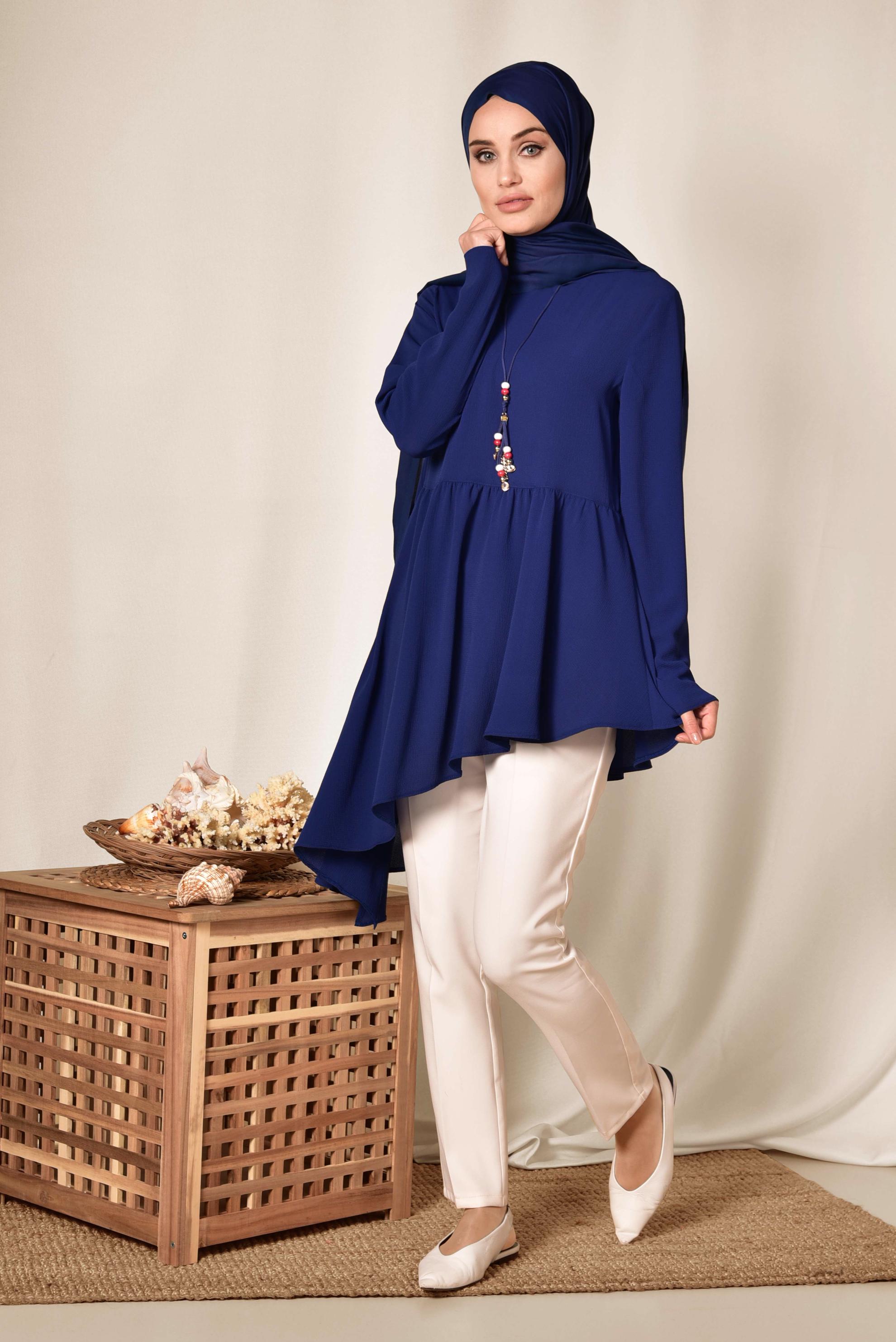 Tesettür giyim LACİVERT ASİMETRİK KESİM VOLANLI TUNİK 4864