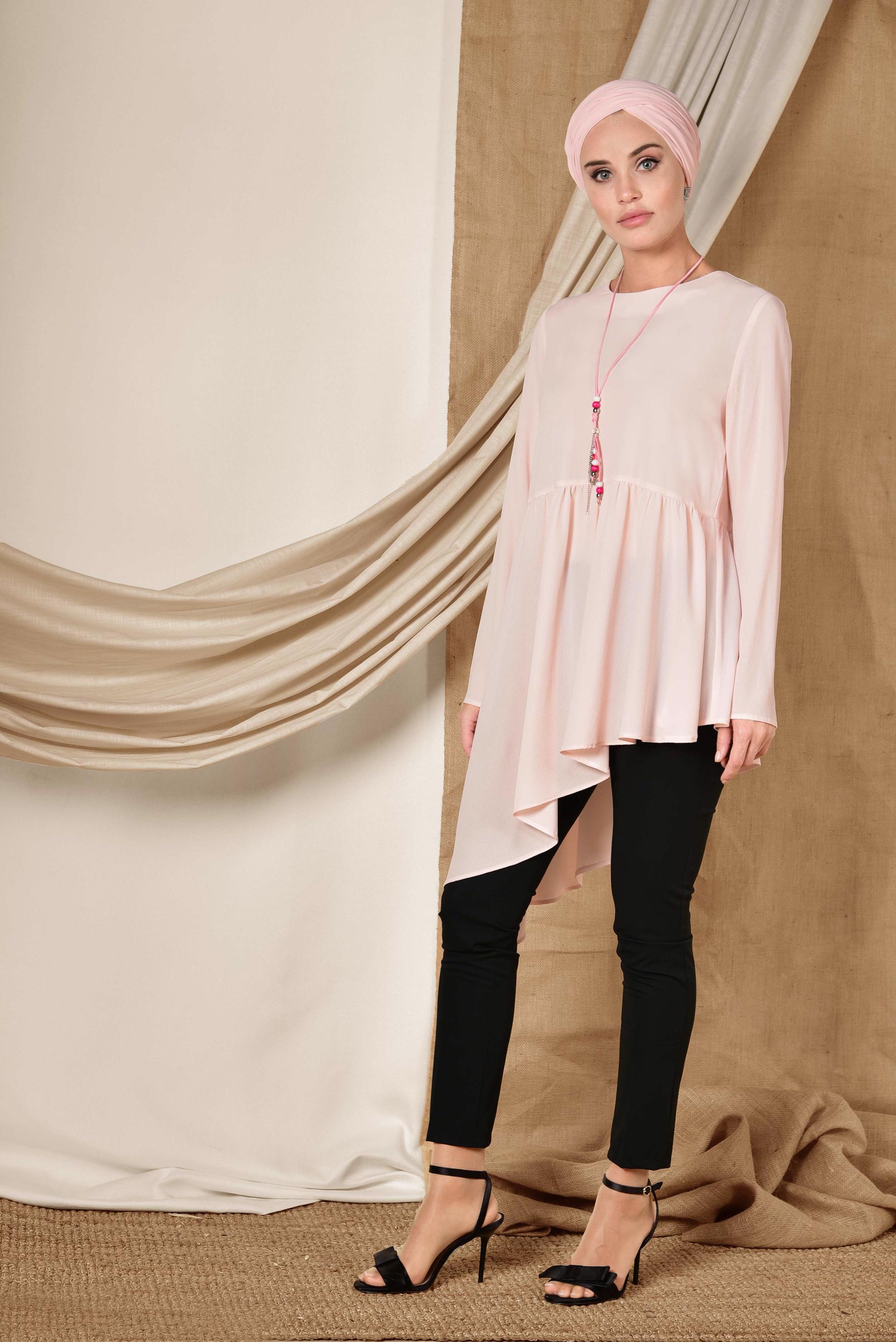 Tesettür giyim PEMBE ASİMETRİK KESİM VOLANLI TUNİK 4864