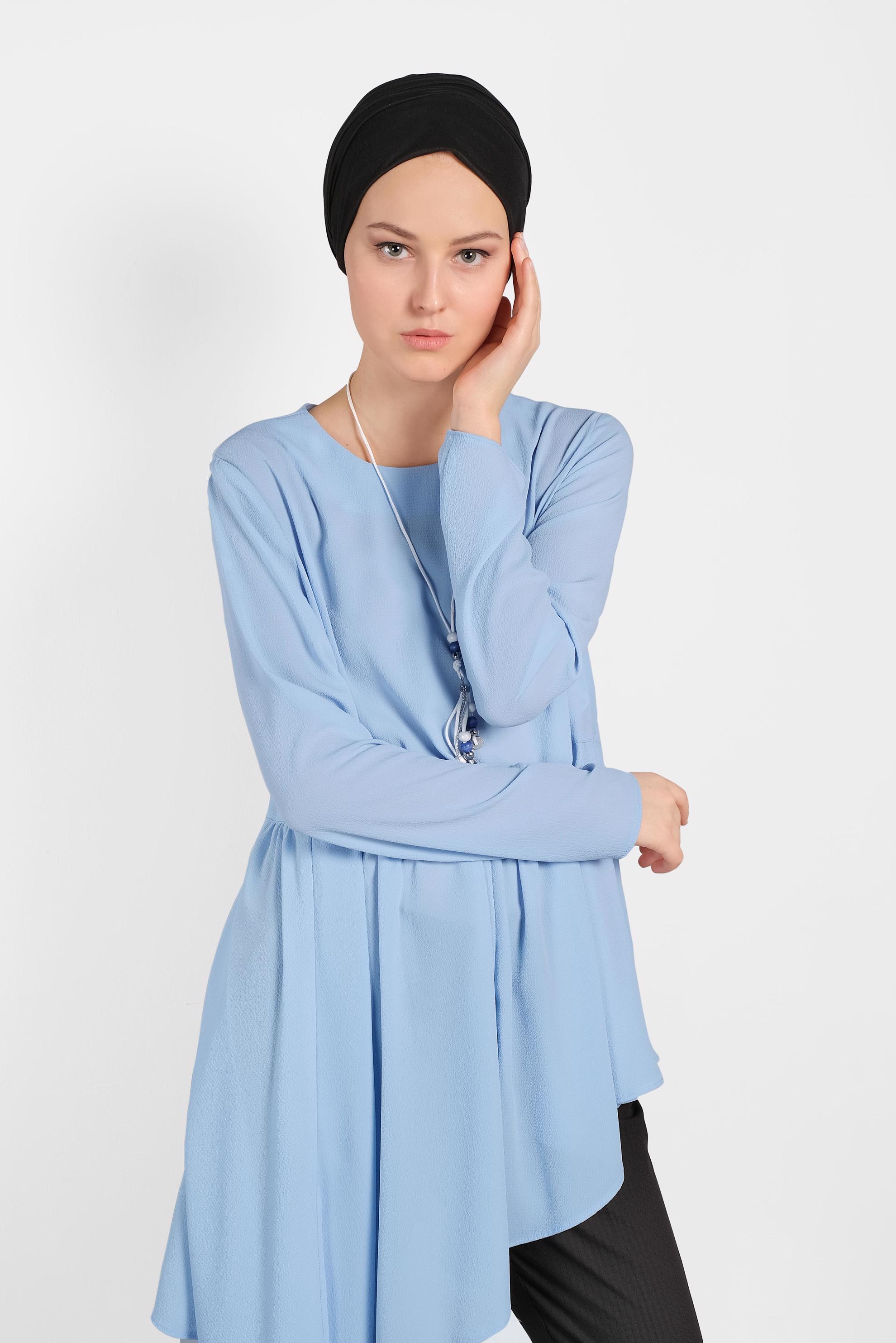 Tesettür giyim MAVİ ASİMETRİK KESİM VOLANLI TUNİK 4864