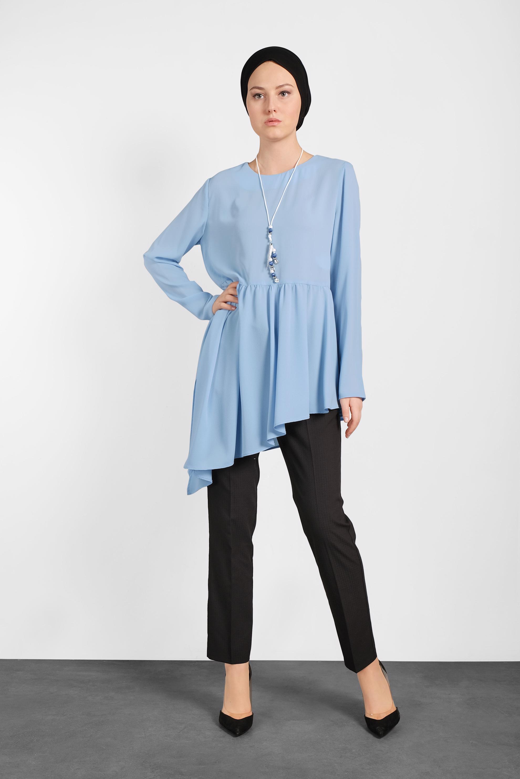 Tesettür giyim MAVİ ASİMETRİK KESİM VOLANLI TUNİK 4864