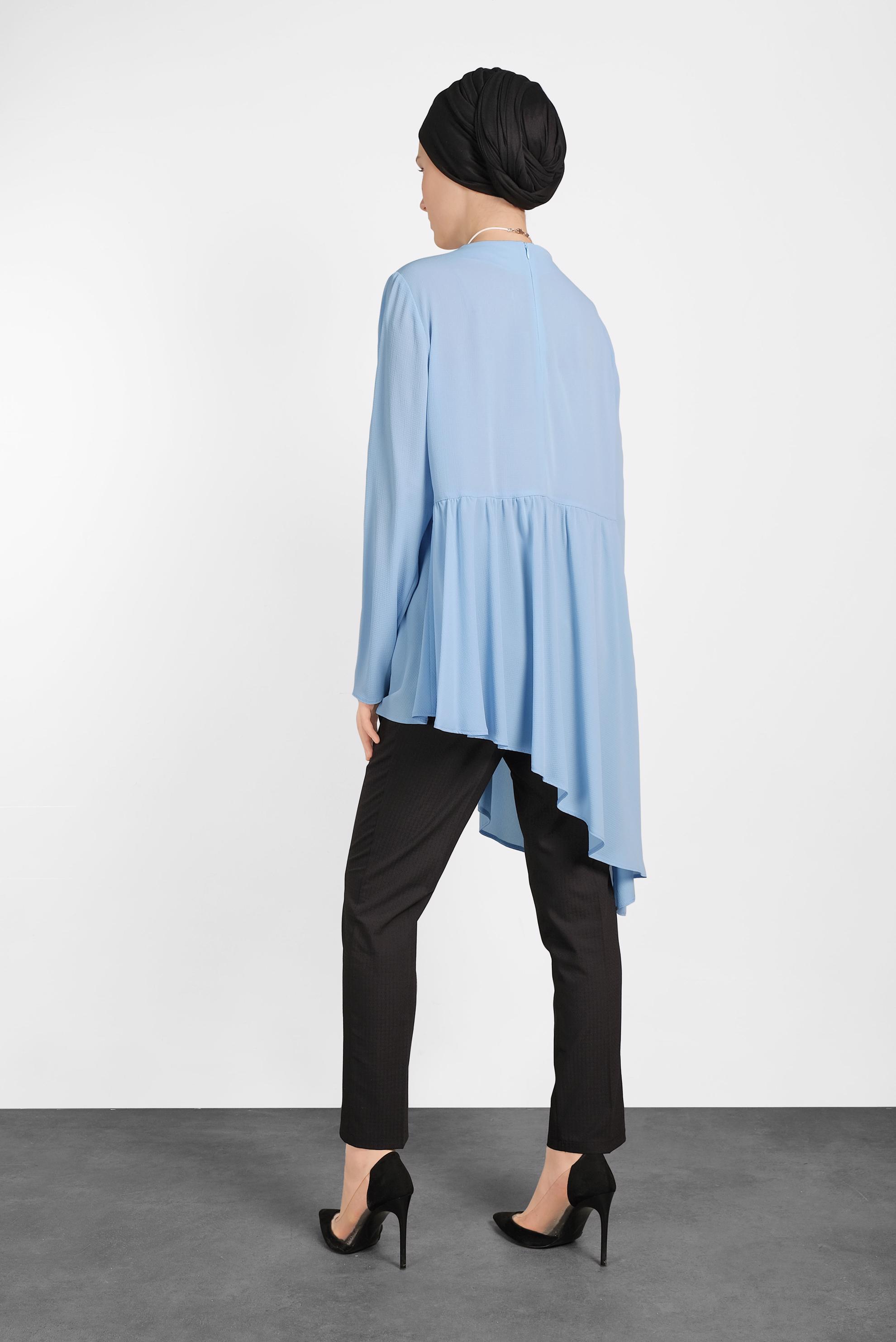 Tesettür giyim MAVİ ASİMETRİK KESİM VOLANLI TUNİK 4864