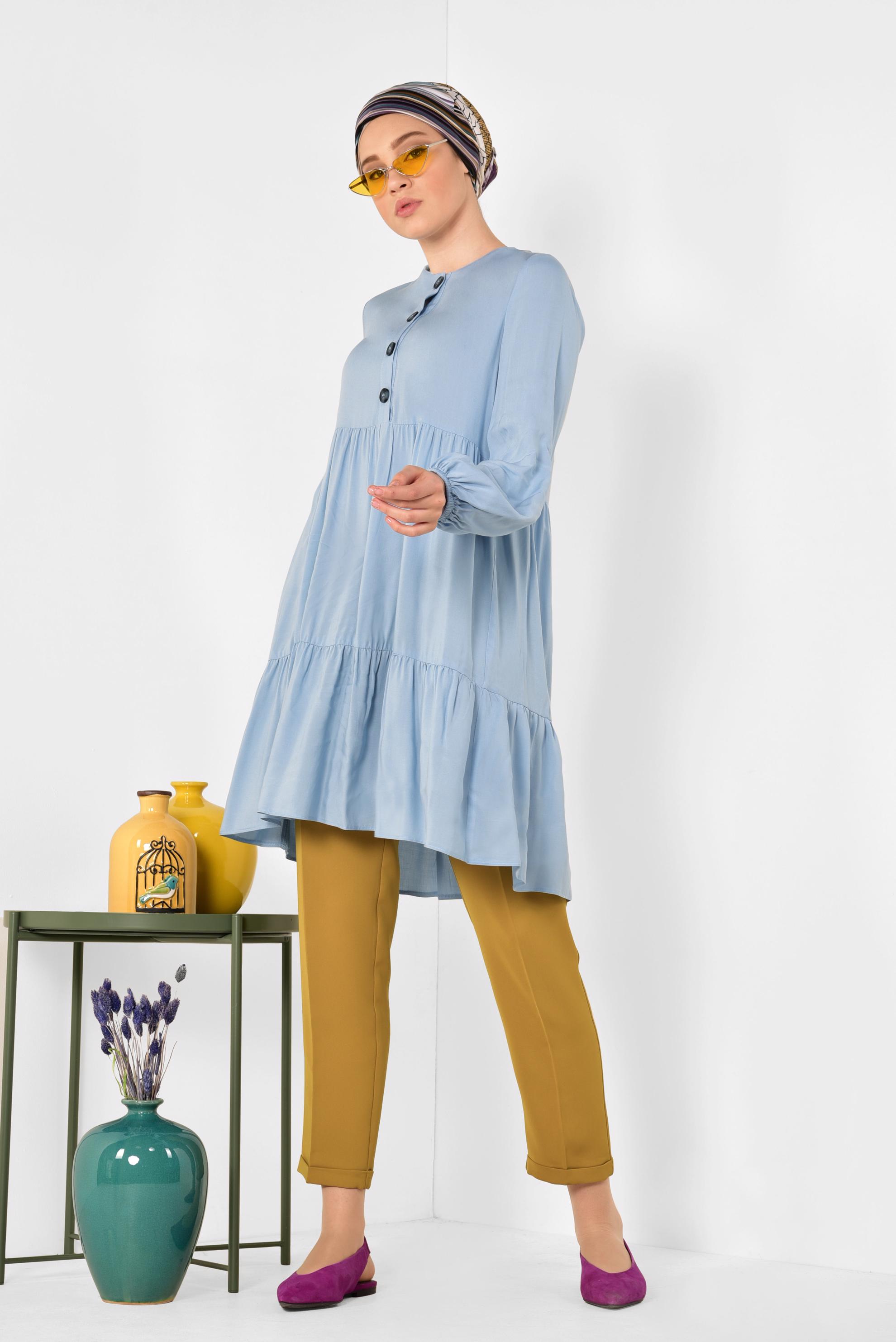 Tesettür giyim MAVİ GENİŞ KESİM DÜĞMELİ TUNİK 4868