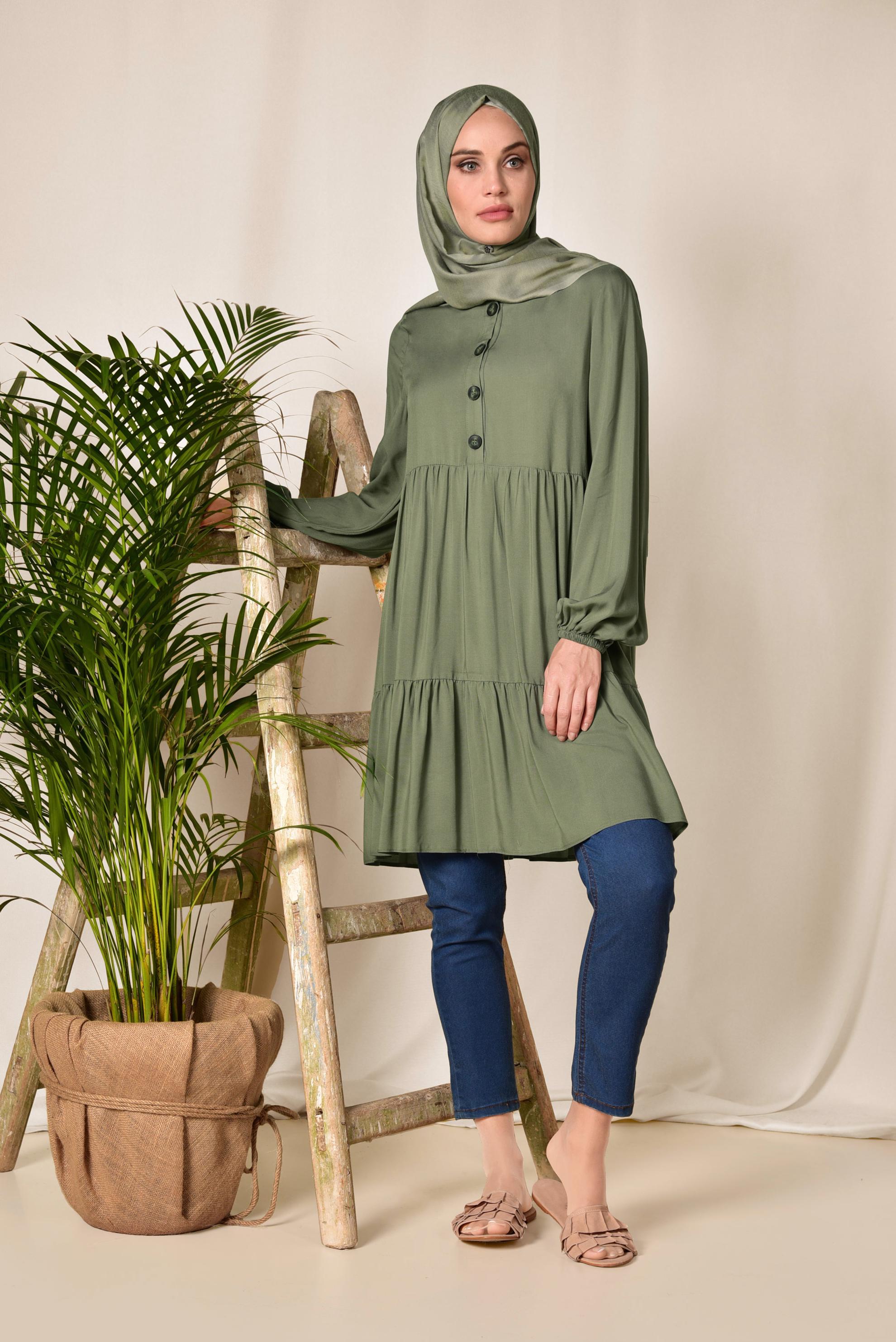 Tesettür giyim HAKİ GENİŞ KESİM DÜĞMELİ TUNİK 4868