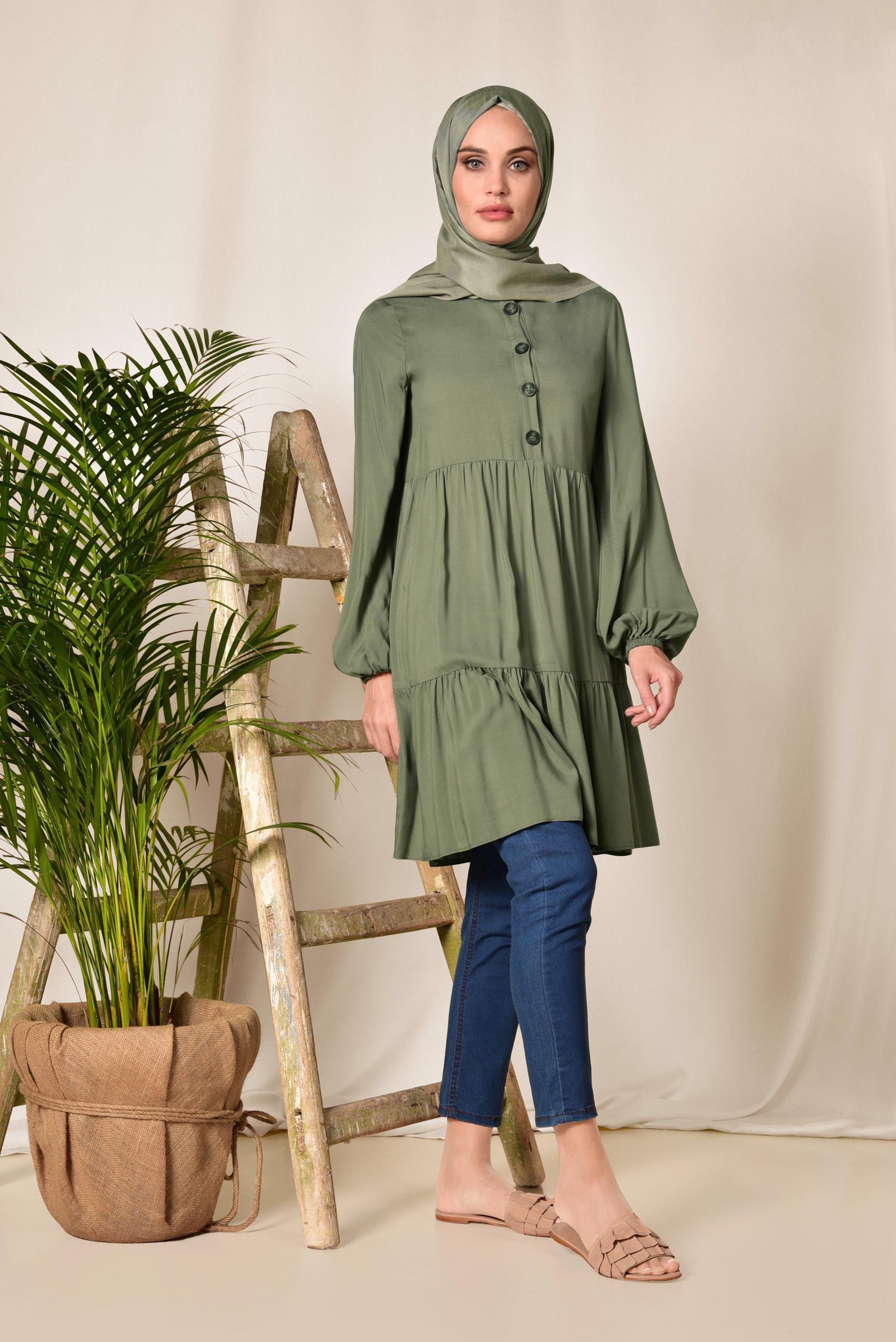 Tesettür giyim HAKİ GENİŞ KESİM DÜĞMELİ TUNİK 4868