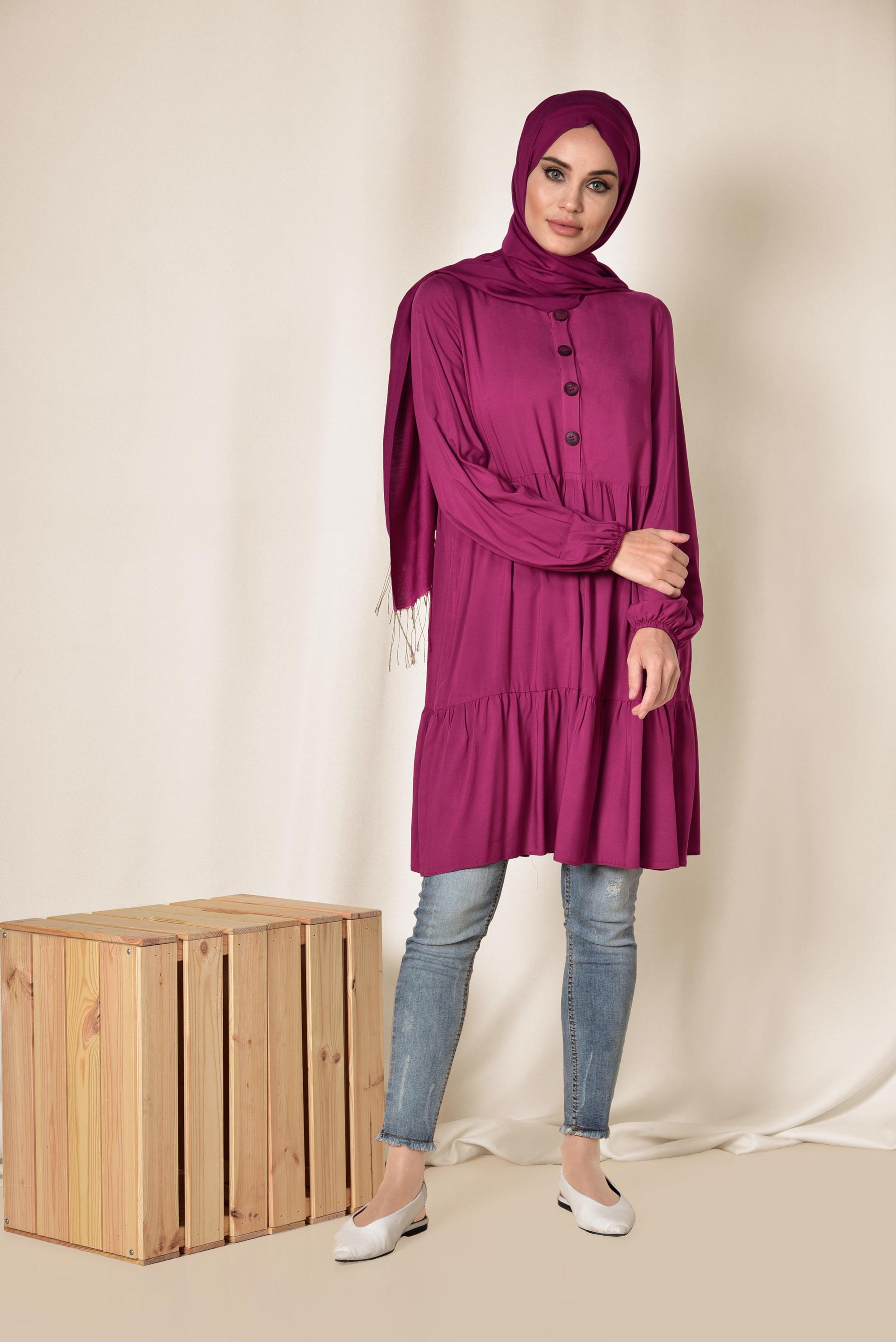 Tesettür giyim MOR GENİŞ KESİM DÜĞMELİ TUNİK 4868