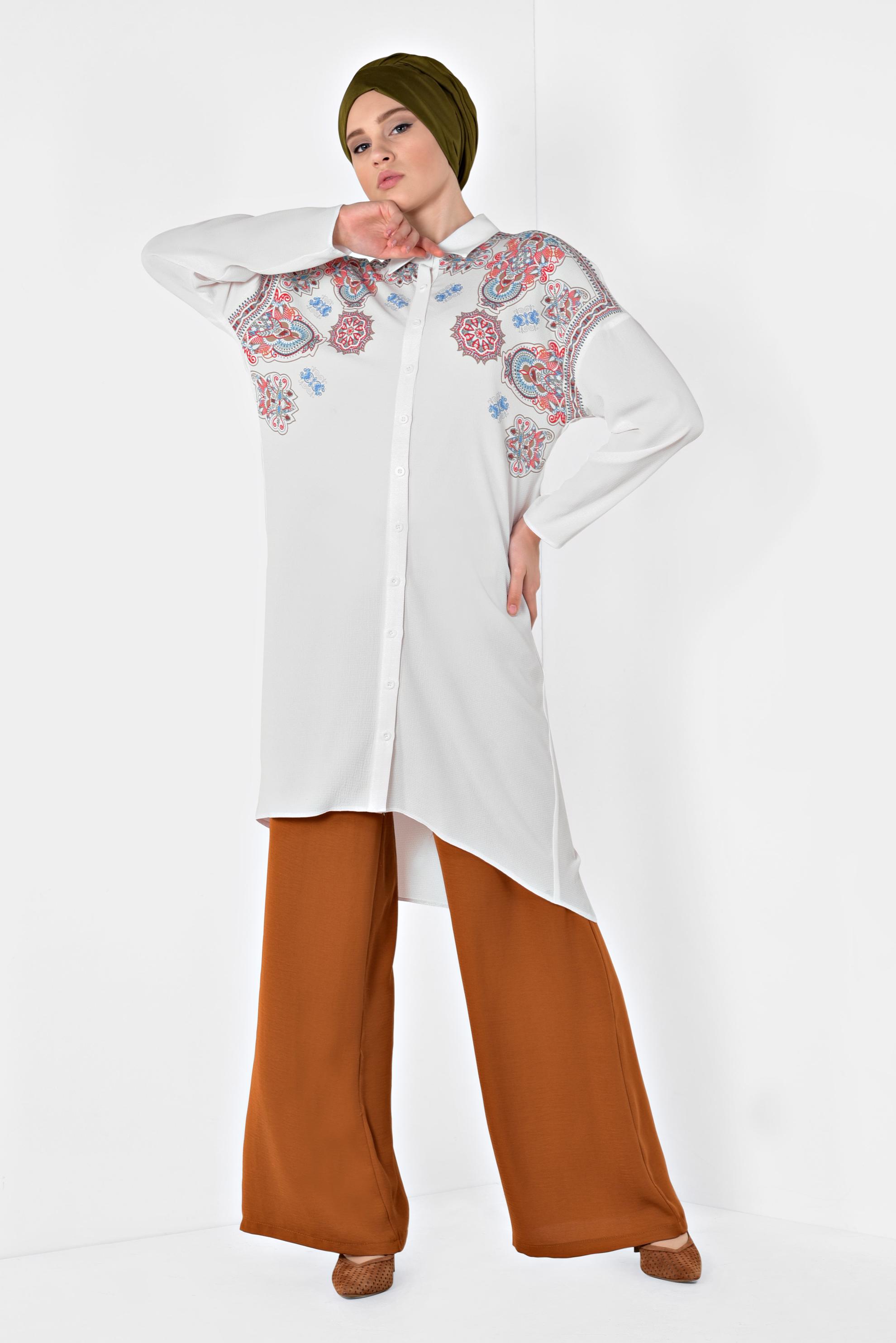 Tesettür giyim BEYAZ MANDALA DESENLİ TUNİK 4875