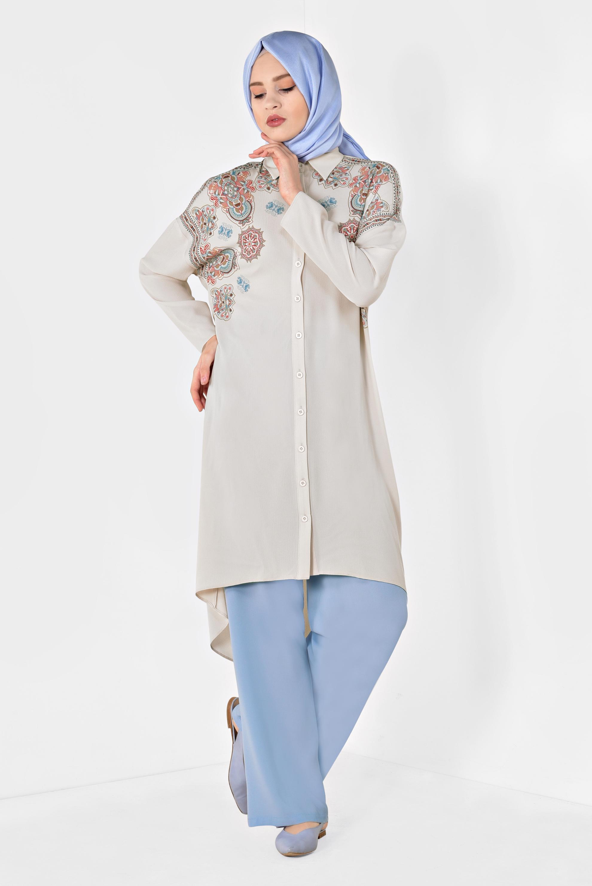 Tesettür giyim BEJ MANDALA DESENLİ TUNİK 4875