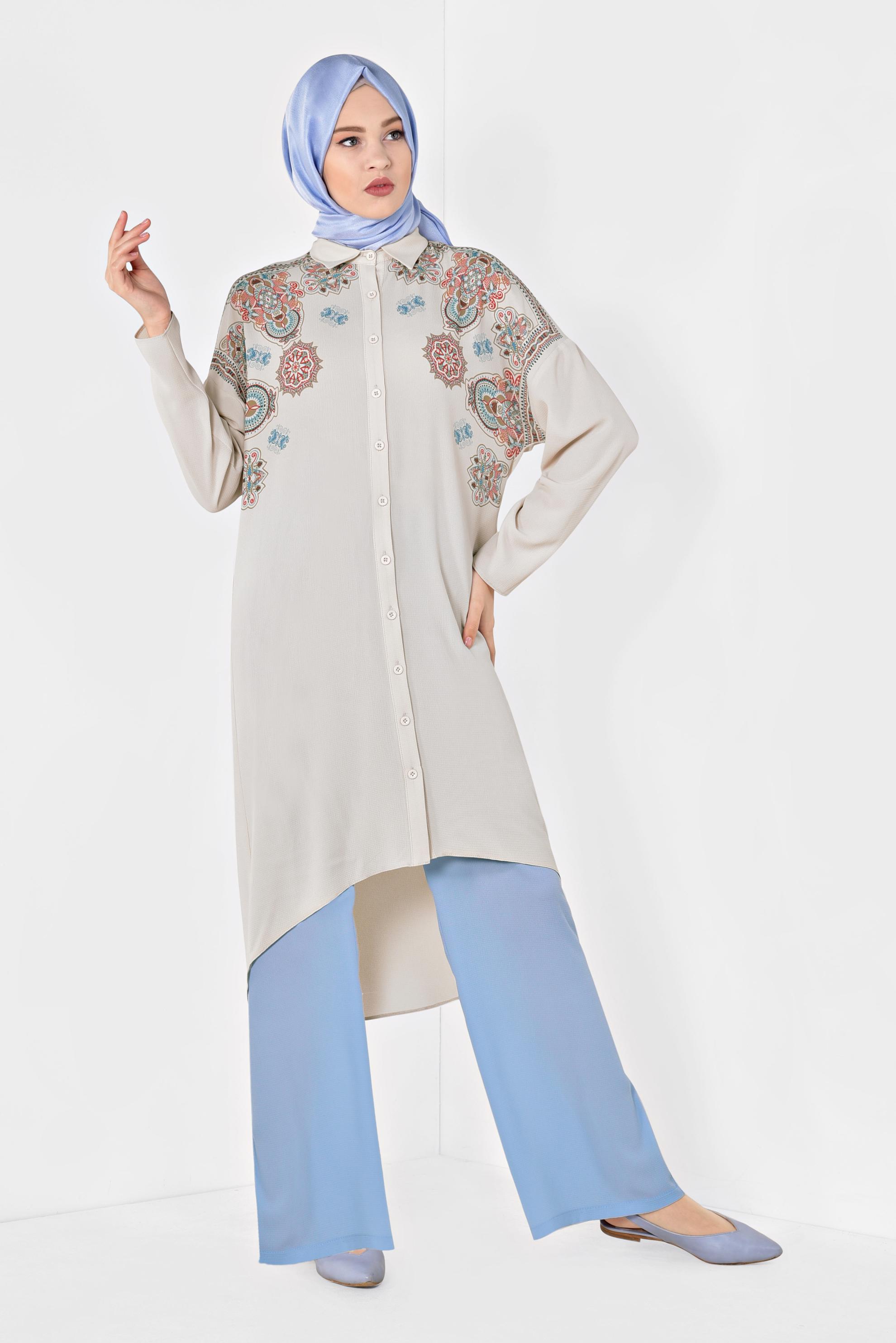 Tesettür giyim BEJ MANDALA DESENLİ TUNİK 4875