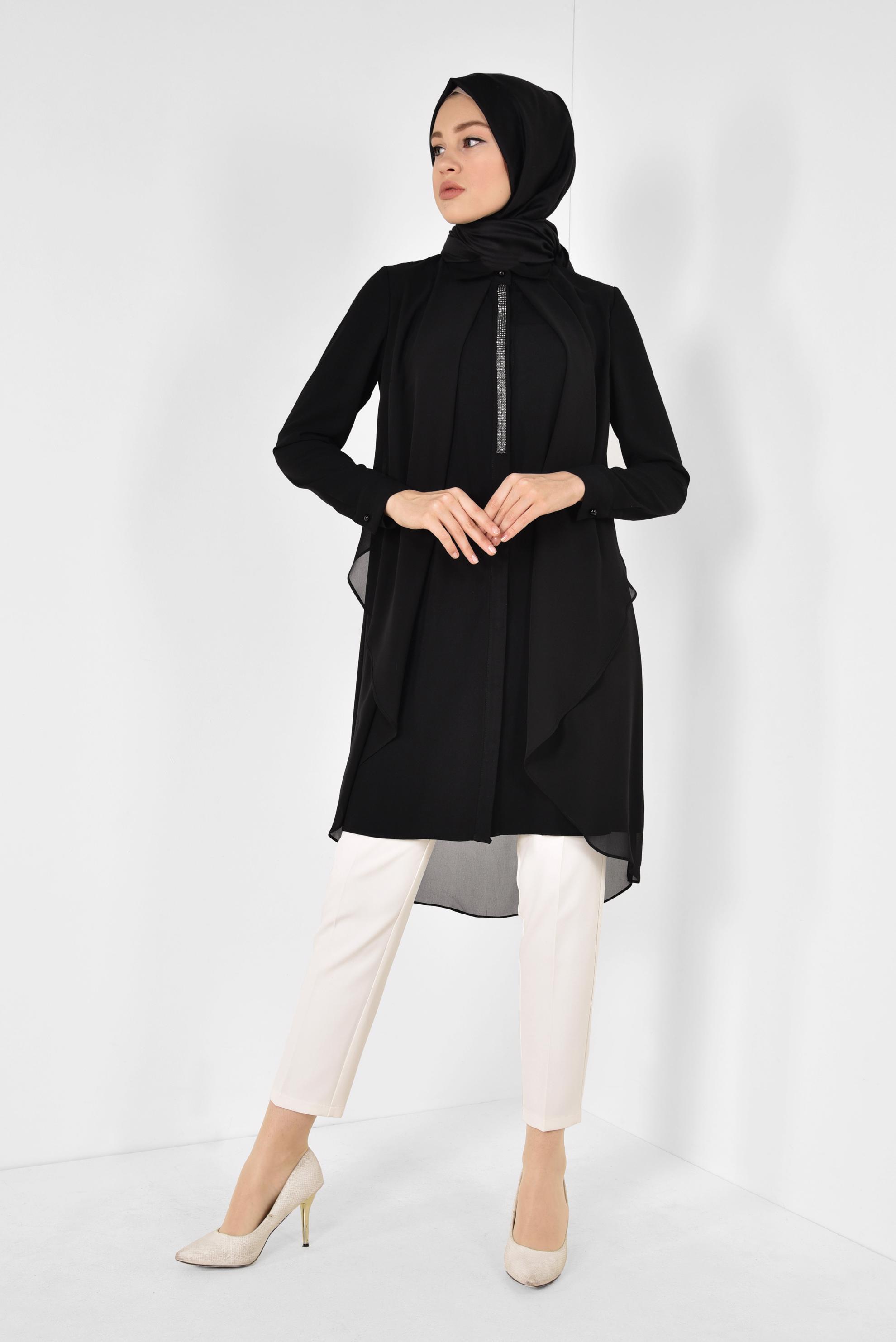 Tesettür giyim SİYAH TAŞ DETAYLI TÜLLÜ TUNİK 4882