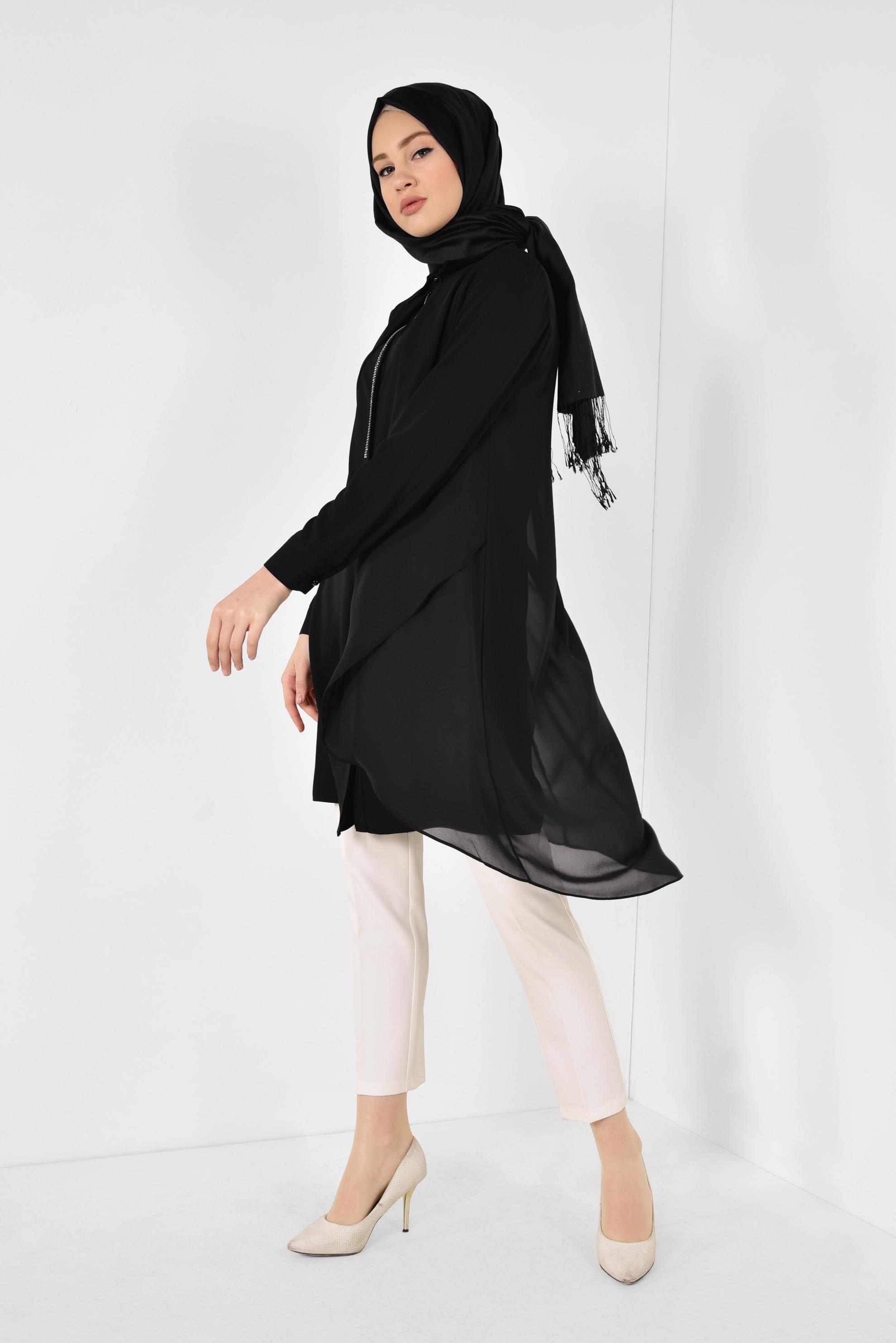 Tesettür giyim SİYAH TAŞ DETAYLI TÜLLÜ TUNİK 4882