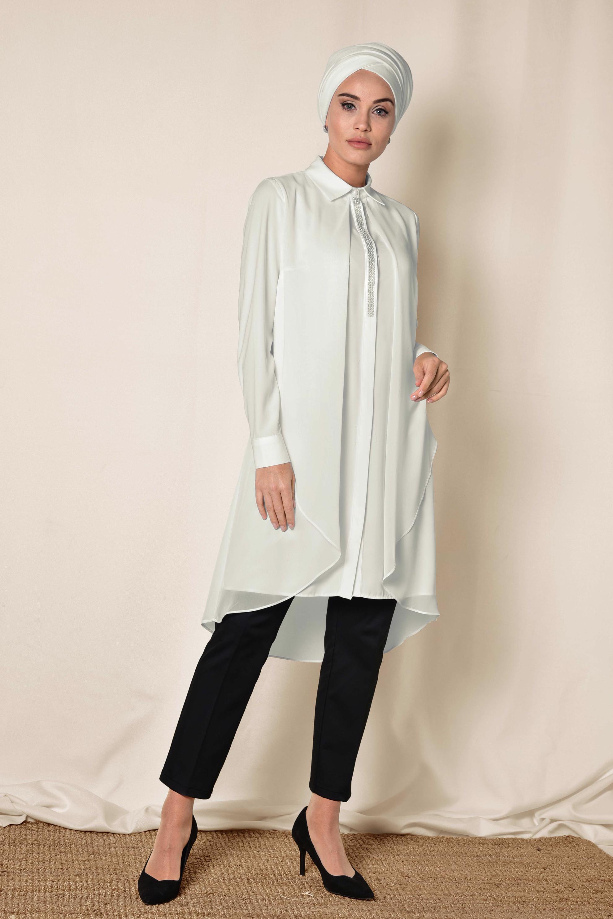 Tesettür giyim BEYAZ TAŞ DETAYLI TÜLLÜ TUNİK 4882