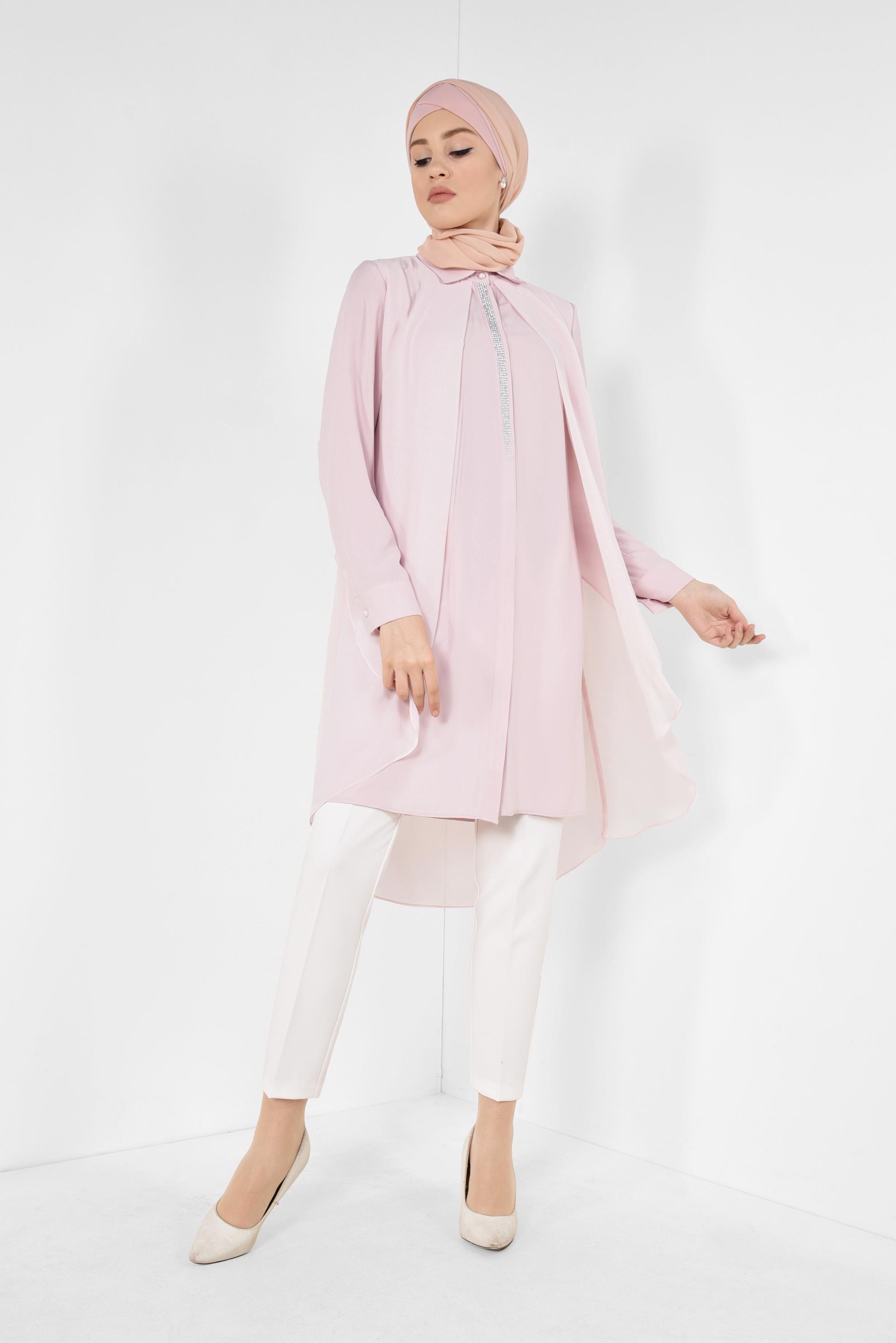 Tesettür giyim PUDRA TAŞ DETAYLI TÜLLÜ TUNİK 4882