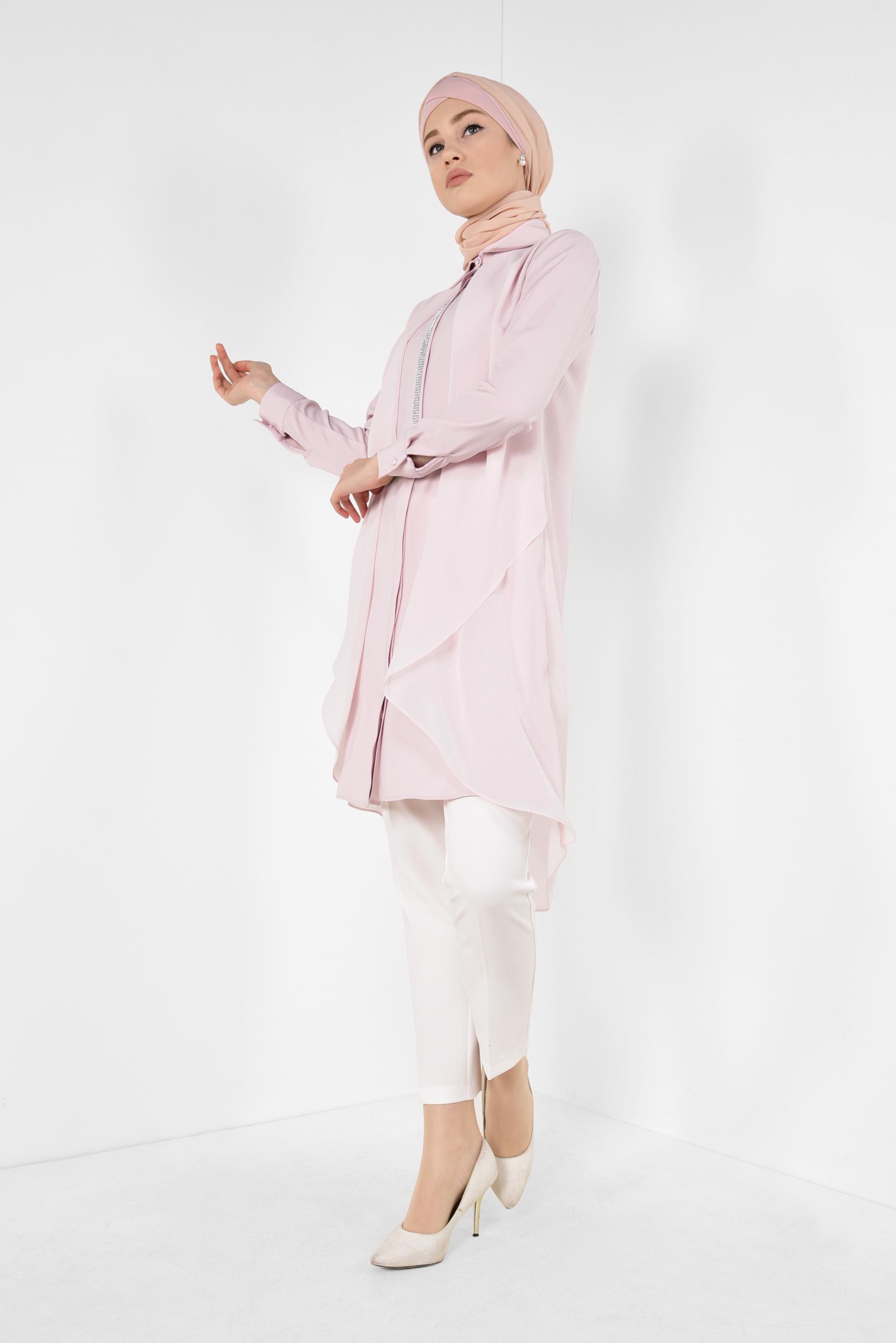 Tesettür giyim PUDRA TAŞ DETAYLI TÜLLÜ TUNİK 4882