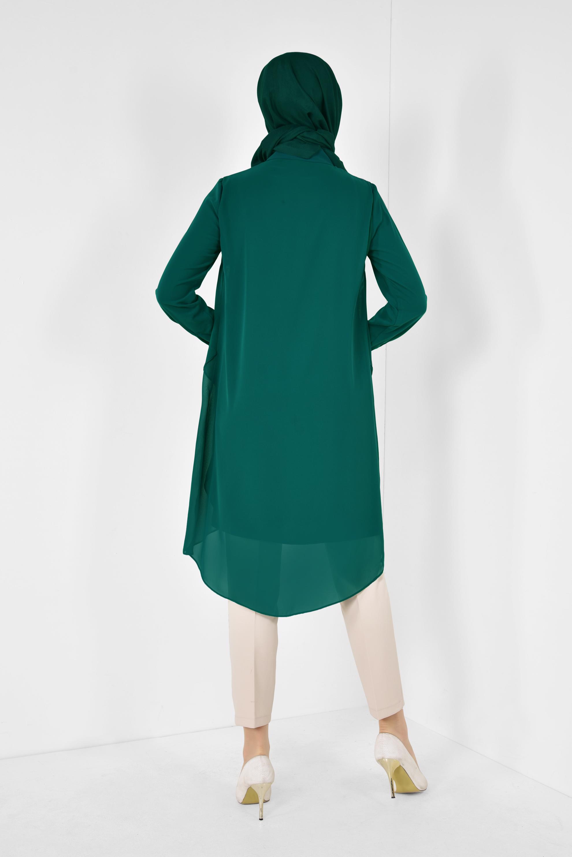 Tesettür giyim YEŞİL TAŞ DETAYLI TÜLLÜ TUNİK 4882