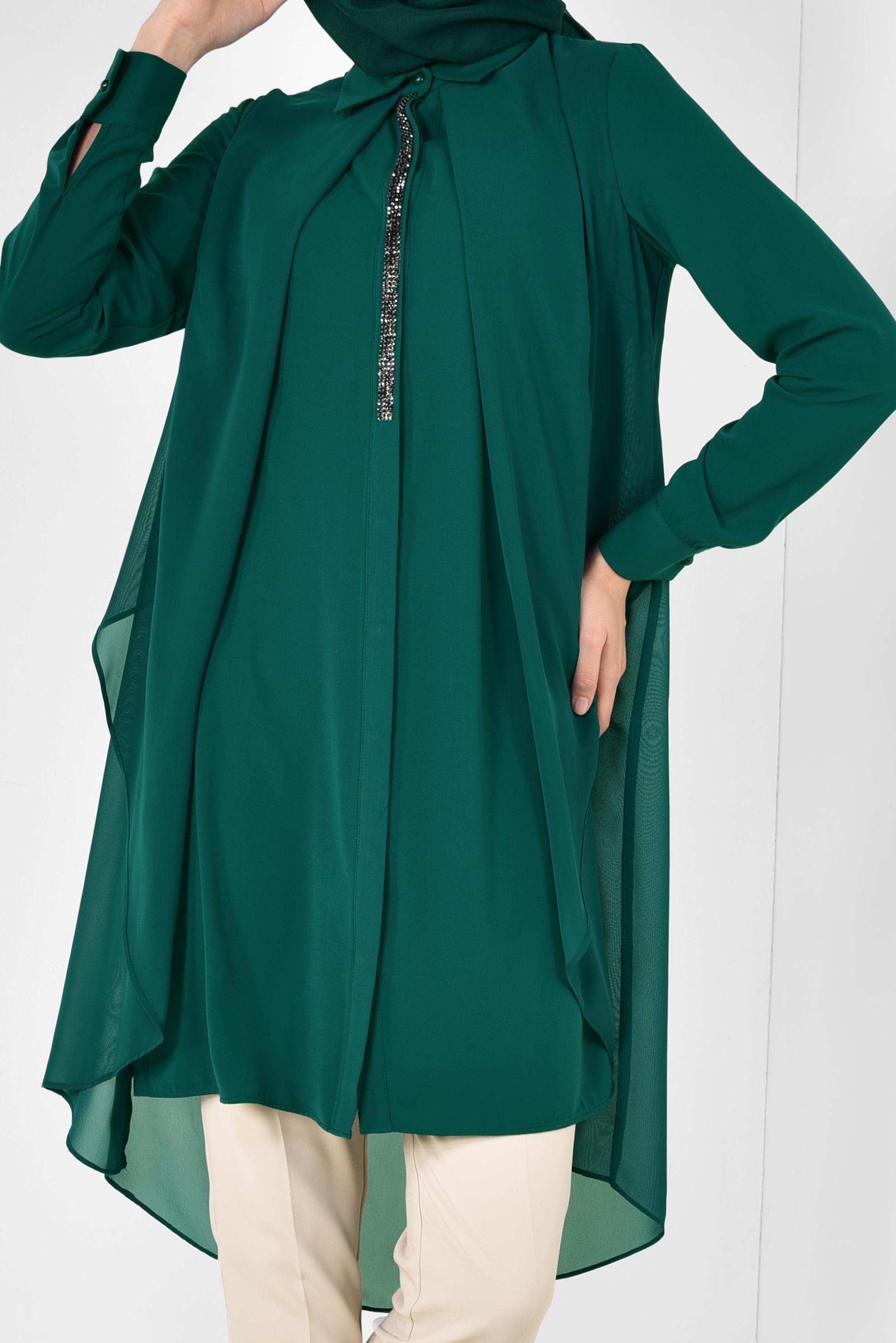 Tesettür giyim YEŞİL TAŞ DETAYLI TÜLLÜ TUNİK 4882