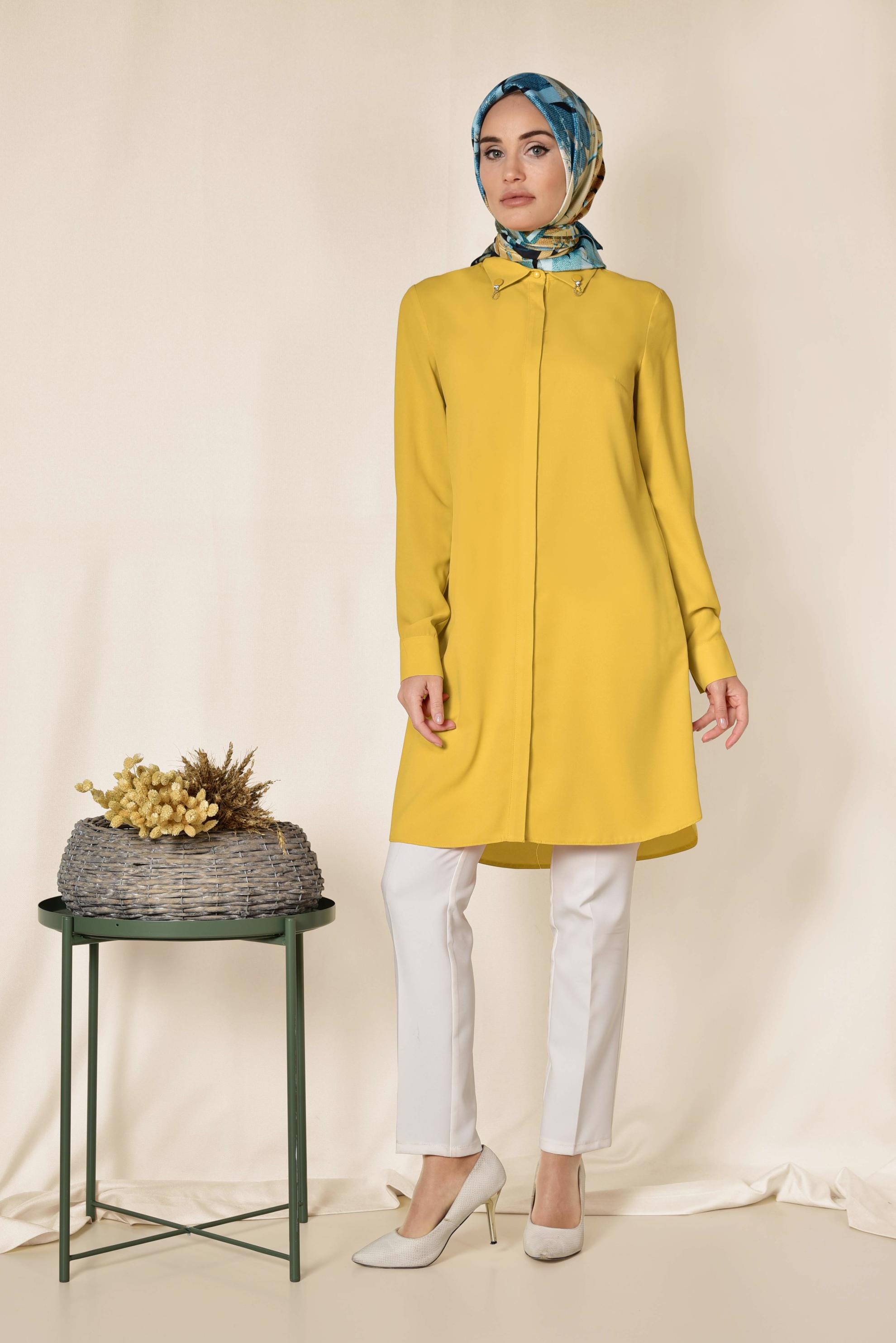 Tesettür giyim SARI YAKASI BROŞLU KLASİK TUNİK 4885