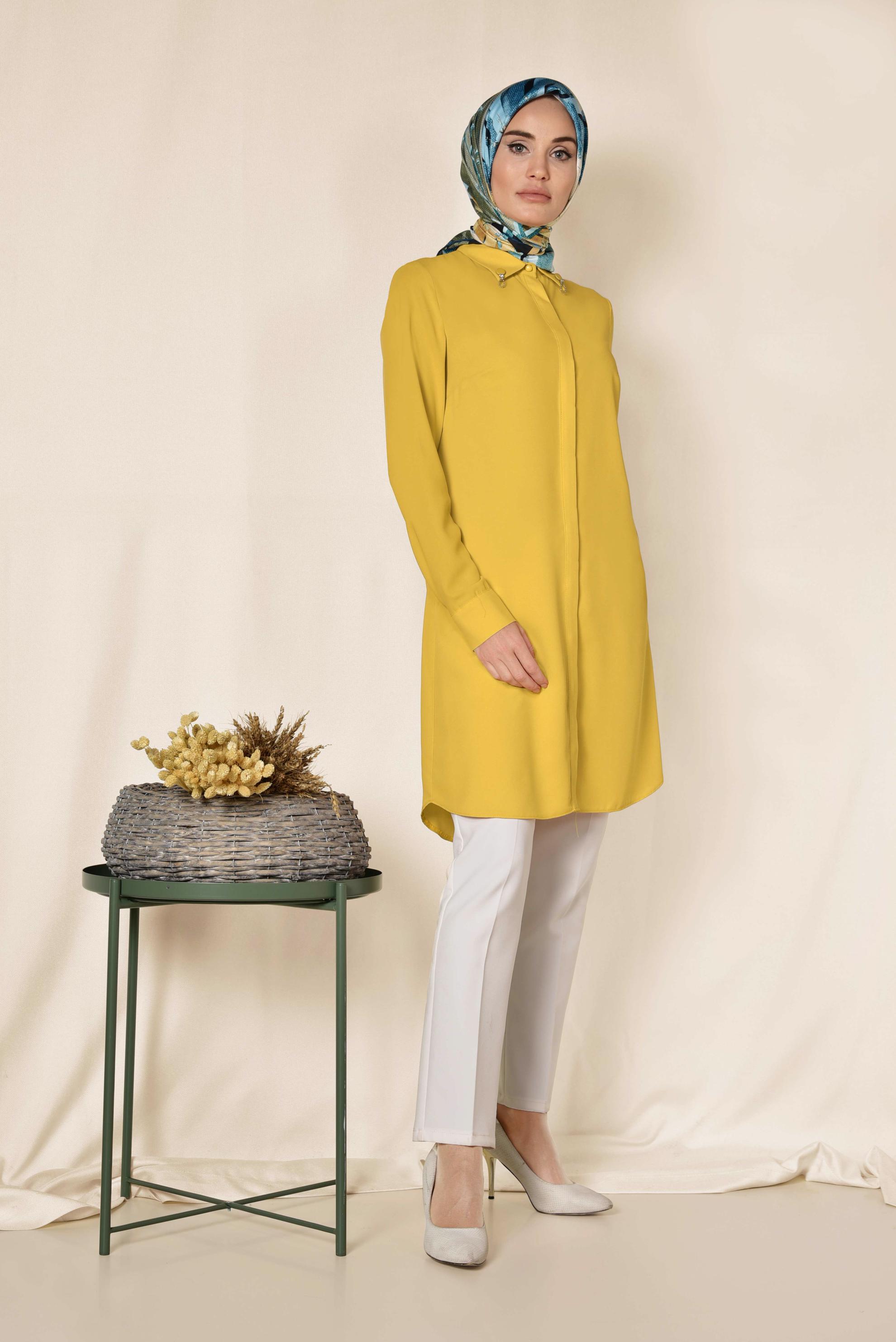 Tesettür giyim SARI YAKASI BROŞLU KLASİK TUNİK 4885