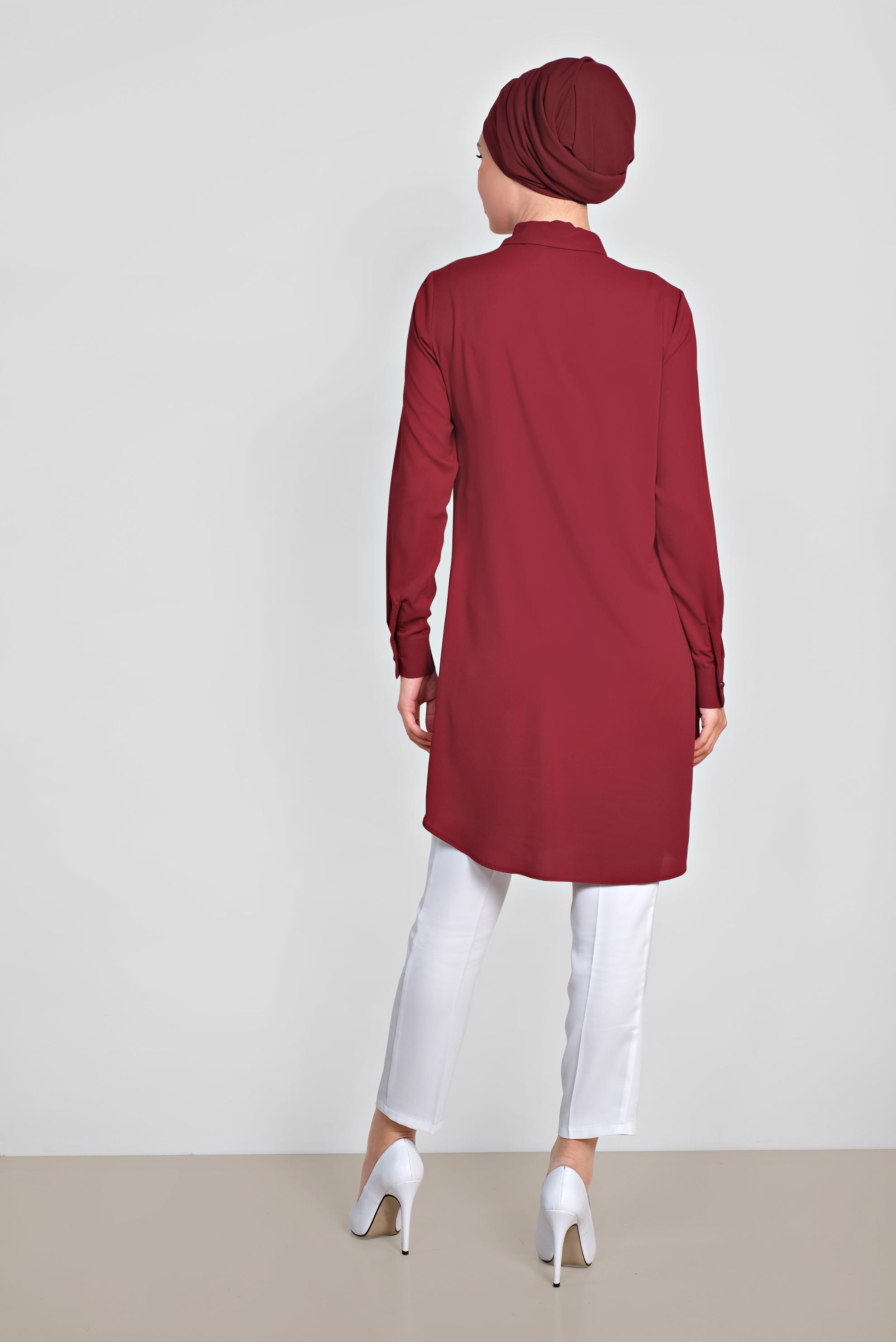 Tesettür giyim BORDO YAKASI BROŞLU KLASİK TUNİK 4885