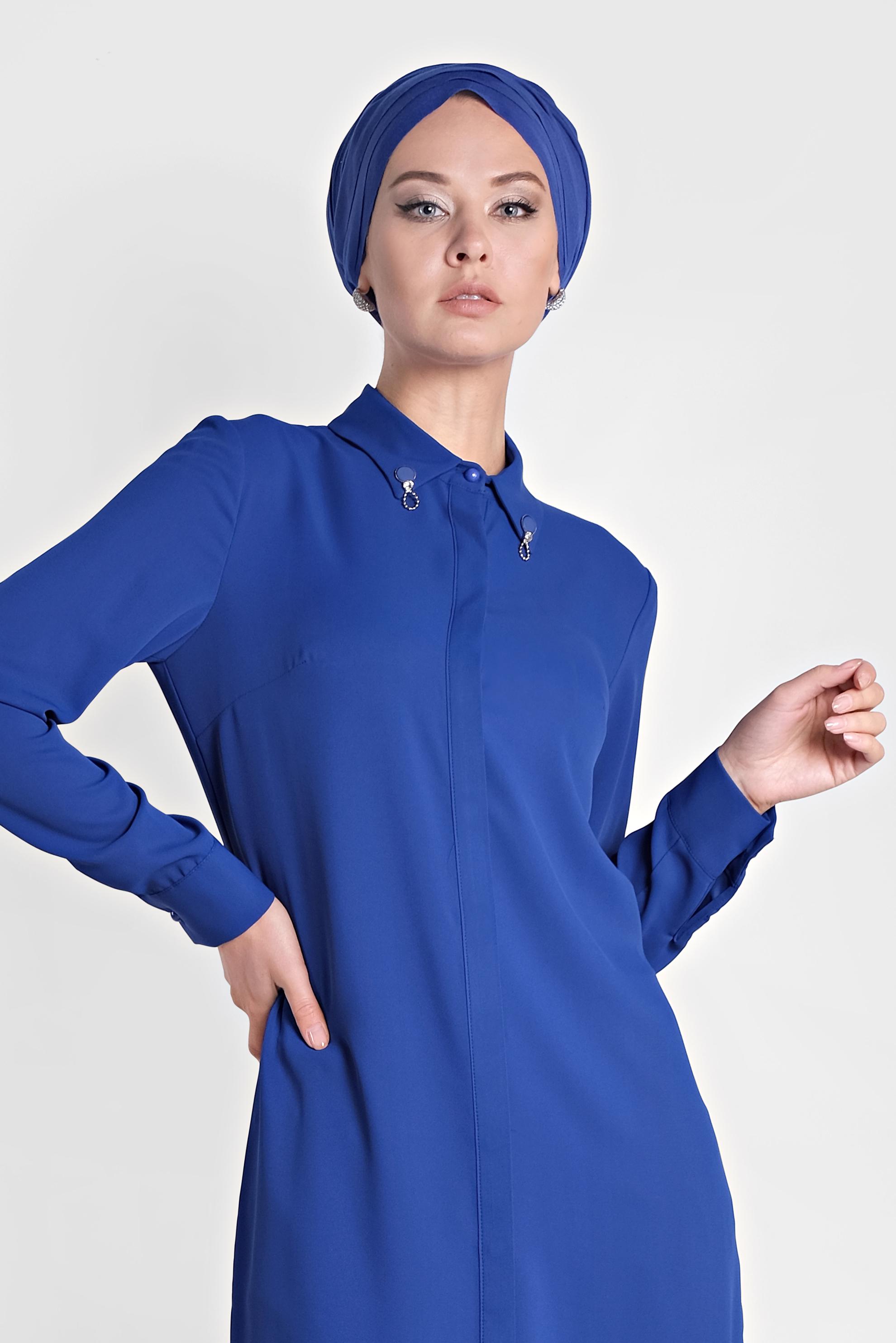 Tesettür giyim LACİVERT YAKASI BROŞLU KLASİK TUNİK 4885
