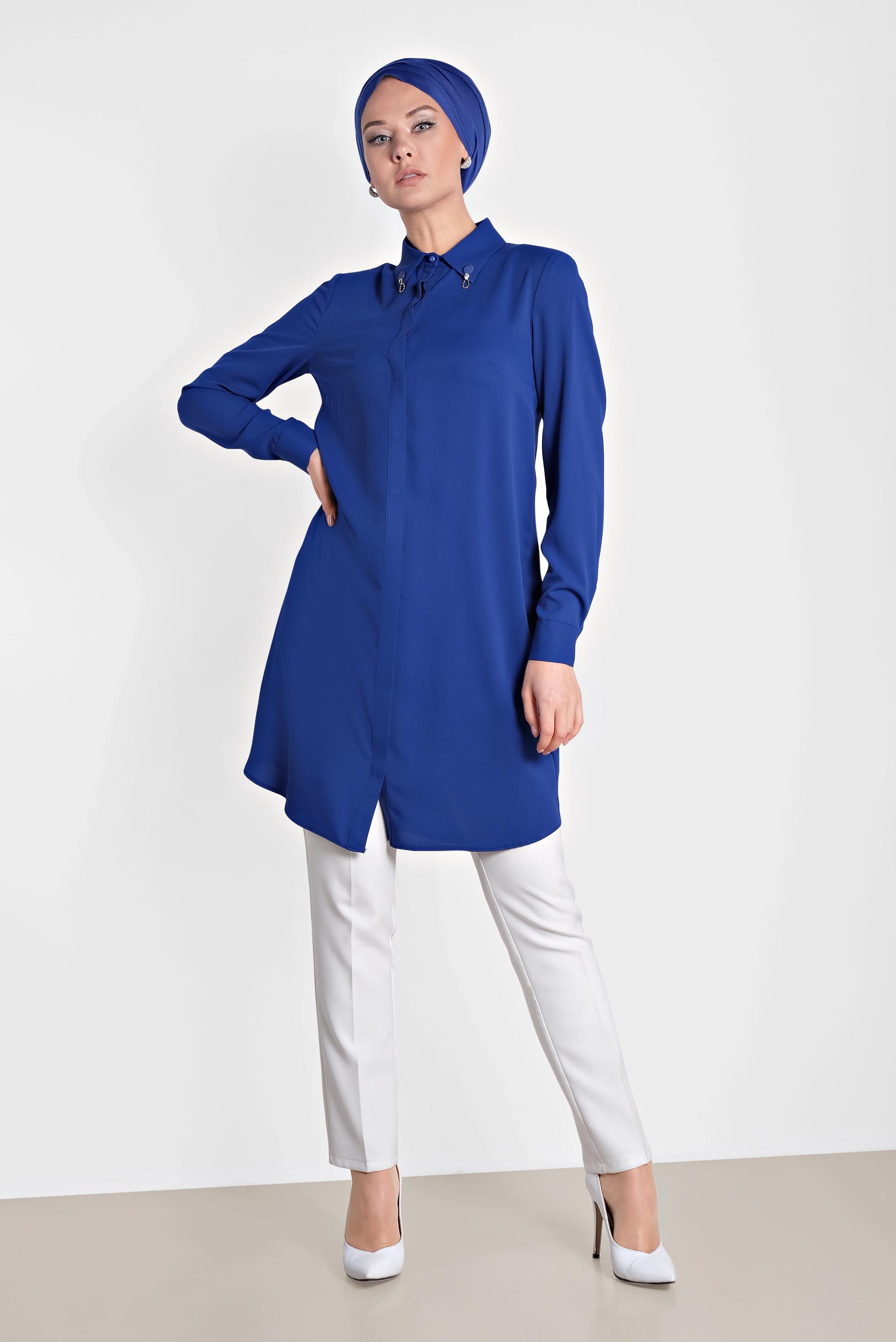 Tesettür giyim LACİVERT YAKASI BROŞLU KLASİK TUNİK 4885