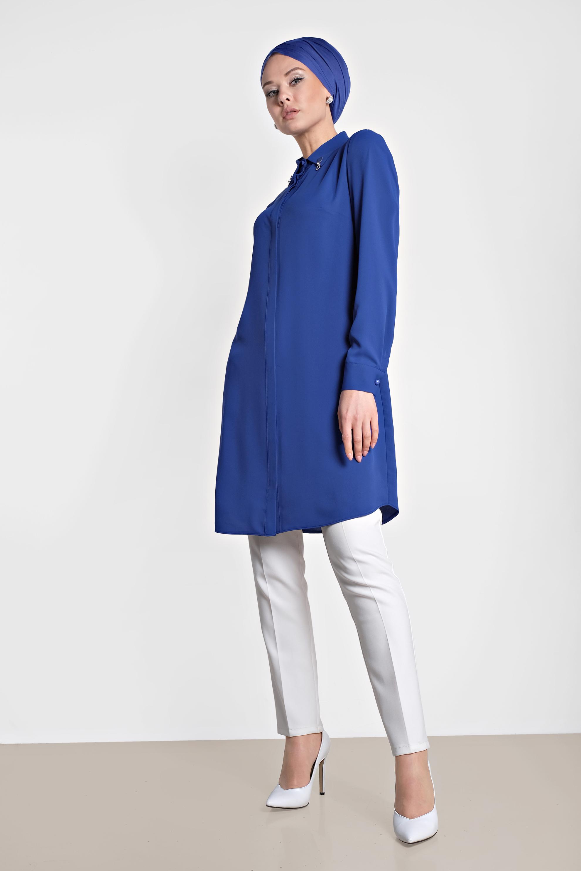 Tesettür giyim LACİVERT YAKASI BROŞLU KLASİK TUNİK 4885