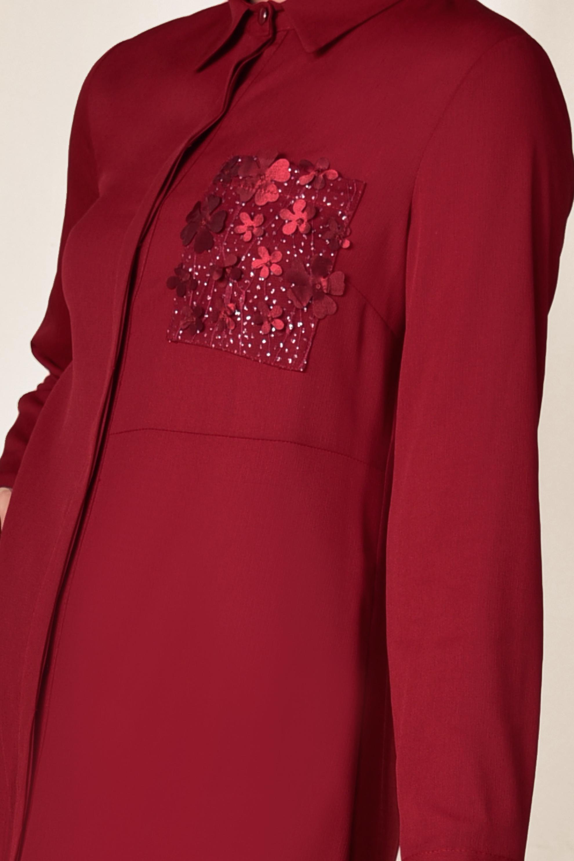 Tesettür giyim KIRMIZI CEBİ ÇİÇEK VE SİM DETAYLI TUNİK 4889