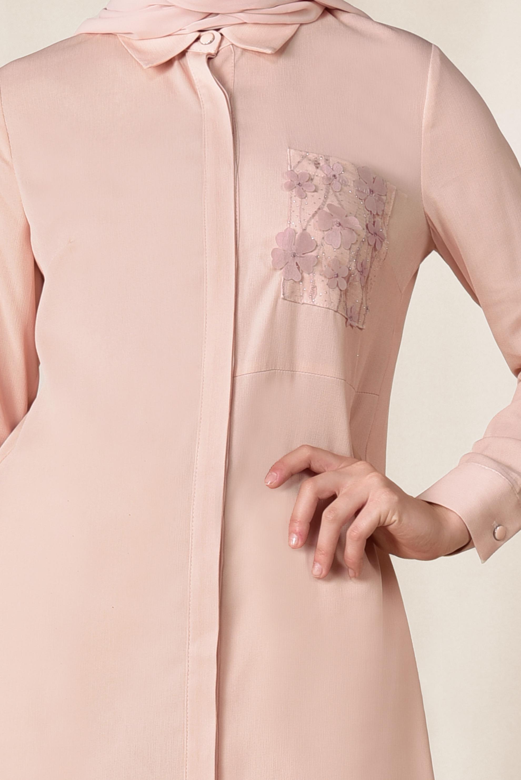 Tesettür giyim PUDRA CEBİ ÇİÇEK VE SİM DETAYLI TUNİK 4889