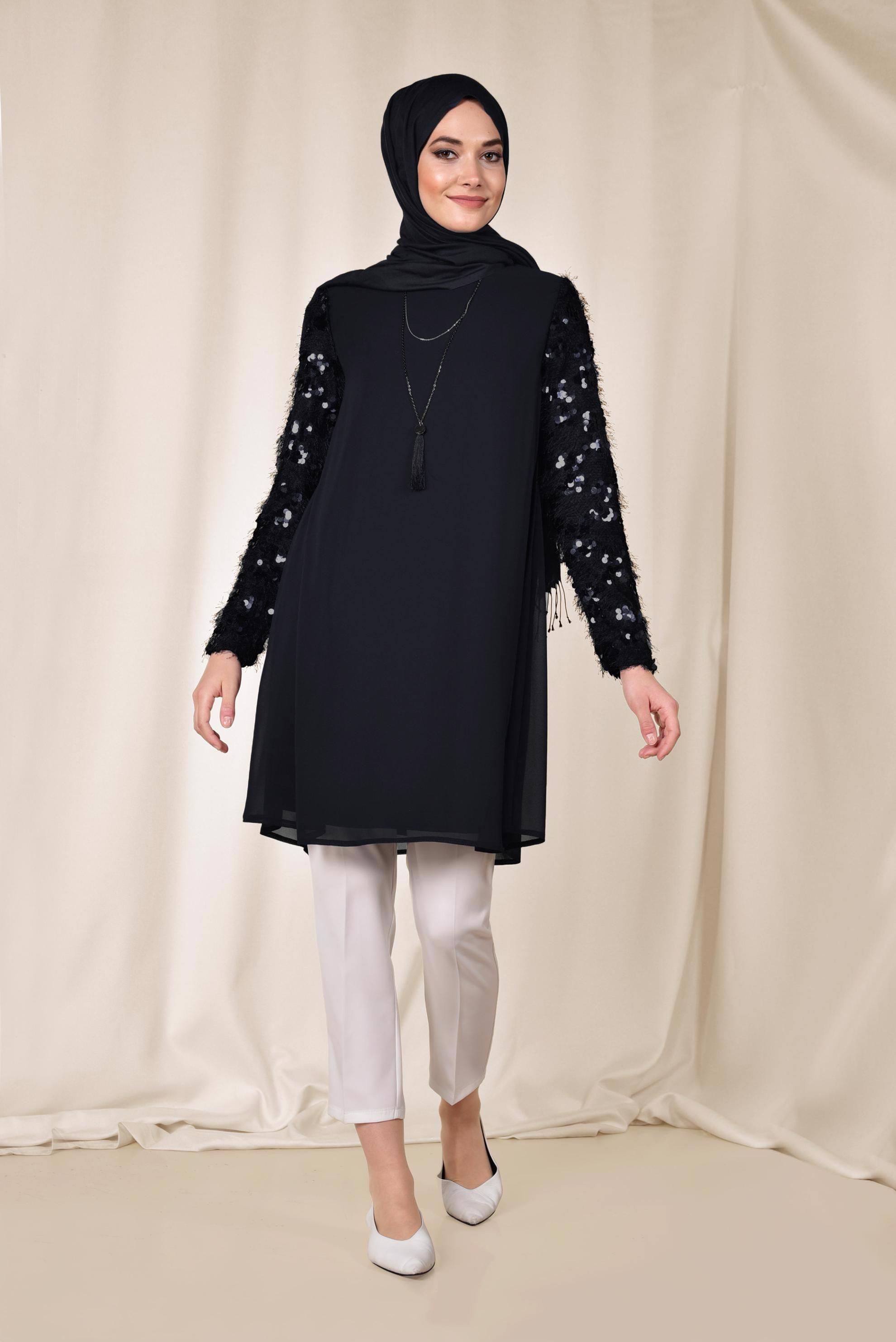Tesettür giyim SİYAH KOLLARI PUL PAYETLİ ŞİFON TUNİK 4890	