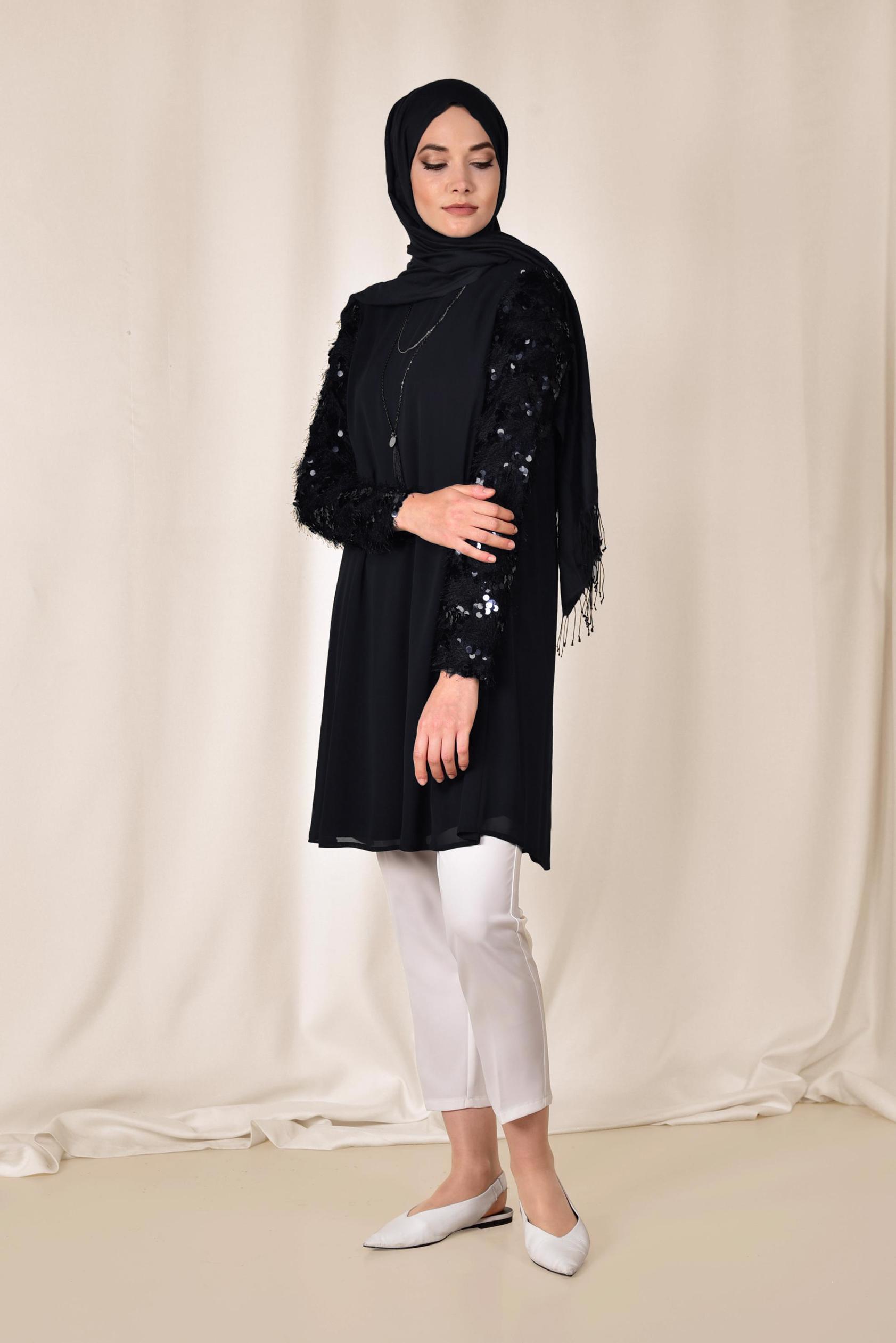 Tesettür giyim SİYAH KOLLARI PUL PAYETLİ ŞİFON TUNİK 4890	