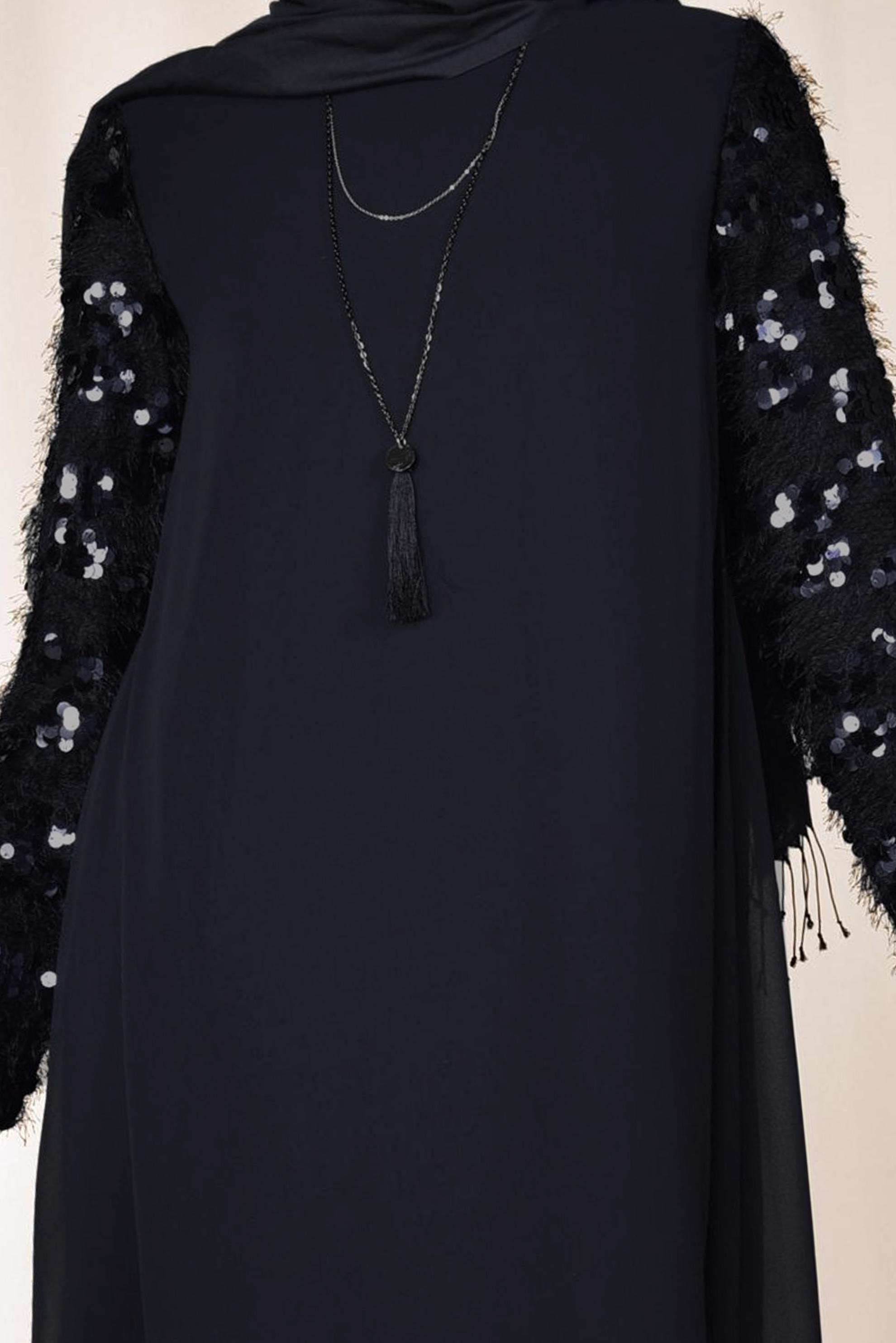 Tesettür giyim SİYAH KOLLARI PUL PAYETLİ ŞİFON TUNİK 4890	