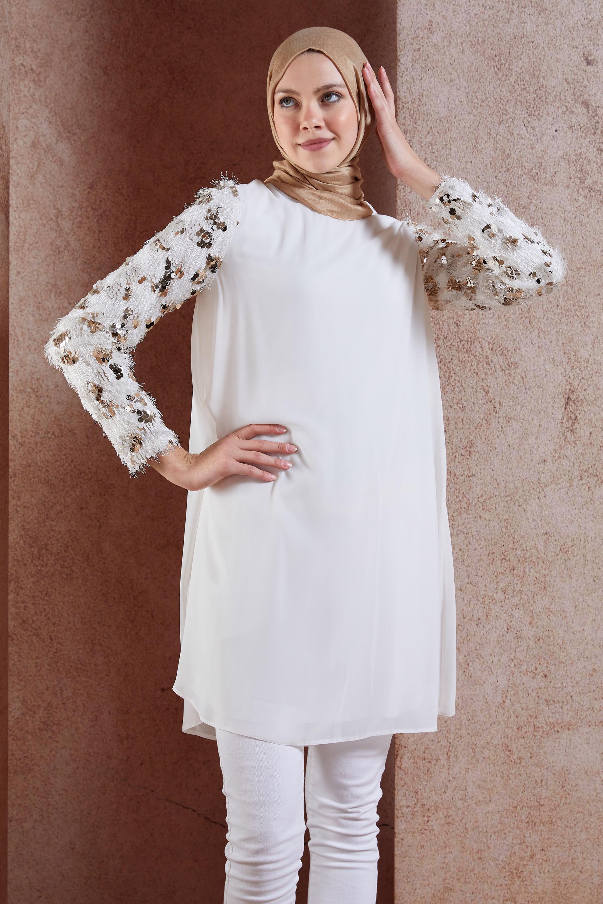 Tesettür giyim BEYAZ KOLLARI PUL PAYETLİ ŞİFON TUNİK 4890	