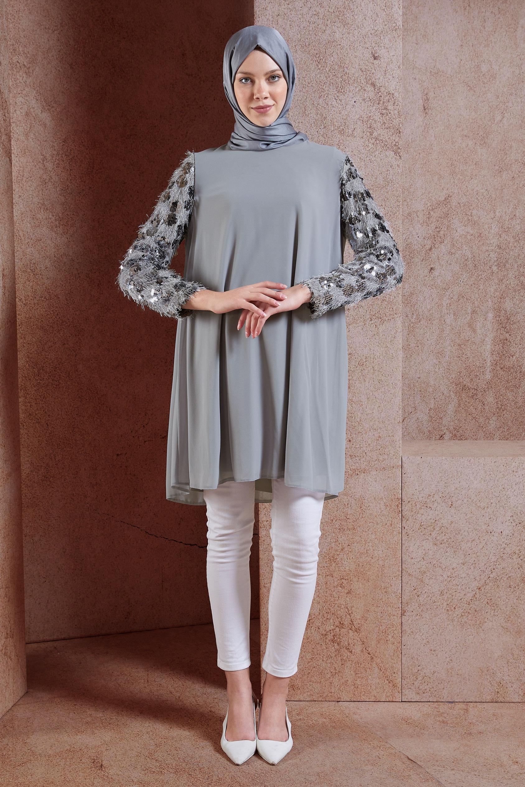 Tesettür giyim GRİ KOLLARI PUL PAYETLİ ŞİFON TUNİK 4890	